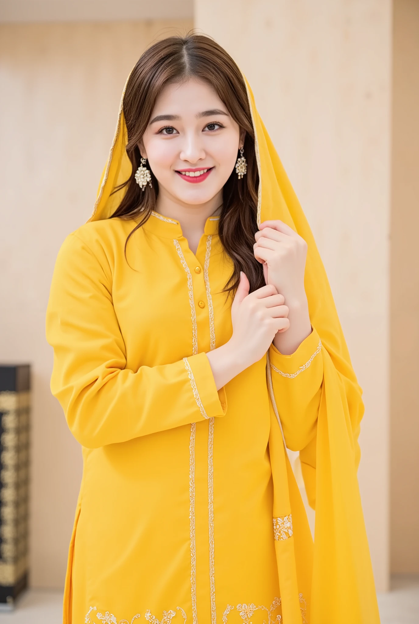 A radiant Korean beauty proudly wears a vibrant yellow Punjabi-style kurti adorned with intricate embroidery, paired with a flowing dupatta wrapped elegantly around her head. Her bright smile illuminates the frame as she confidently poses in front of a serene, minimalist backdrop, the soft focus and warm lighting accentuating her stunning features.