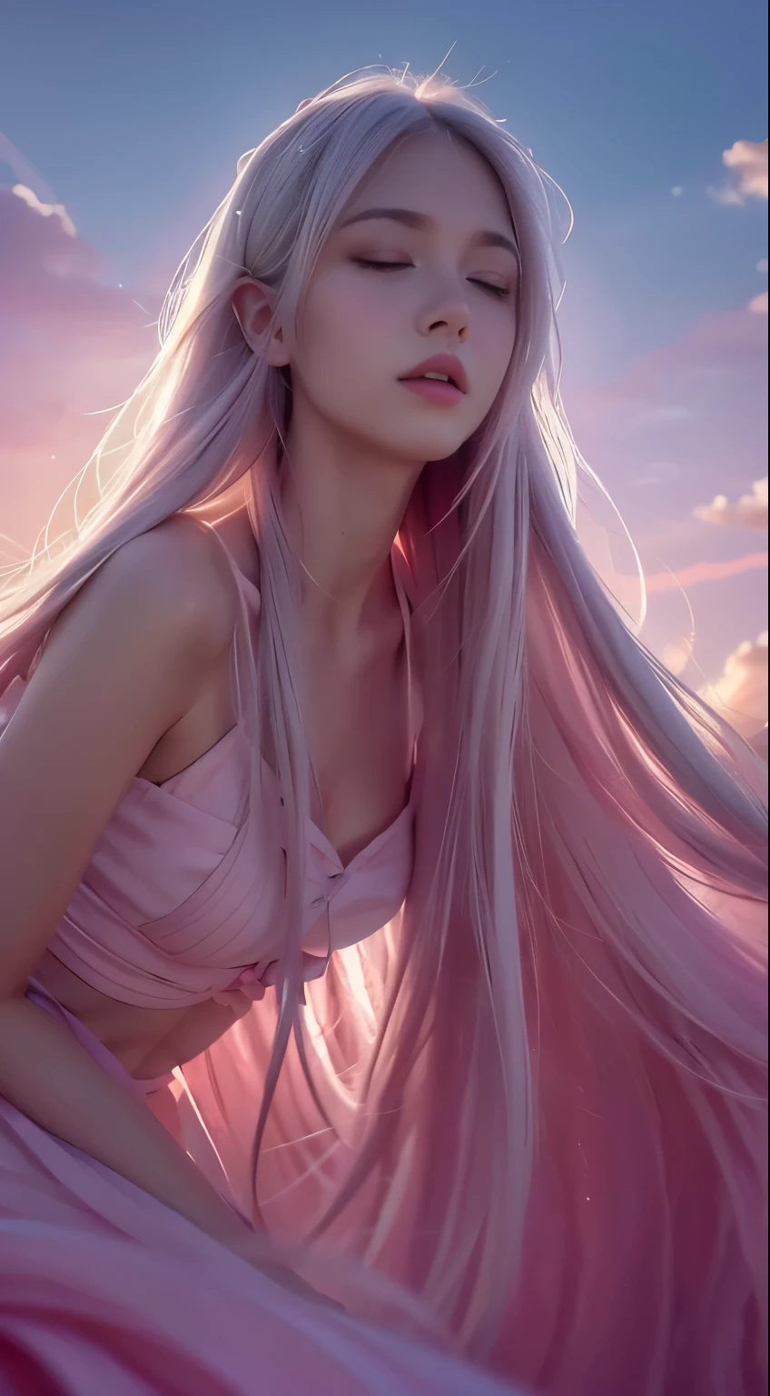 high qulity,4K,detailed detail,Dreamy,hyper realisitc,Up and down opposites,Parallel worlds,Girls fall from the sky,long white hair,Vertical descent,closing her eyes,Keep quiet,Girl in the Clouds,Pink light and shadow,