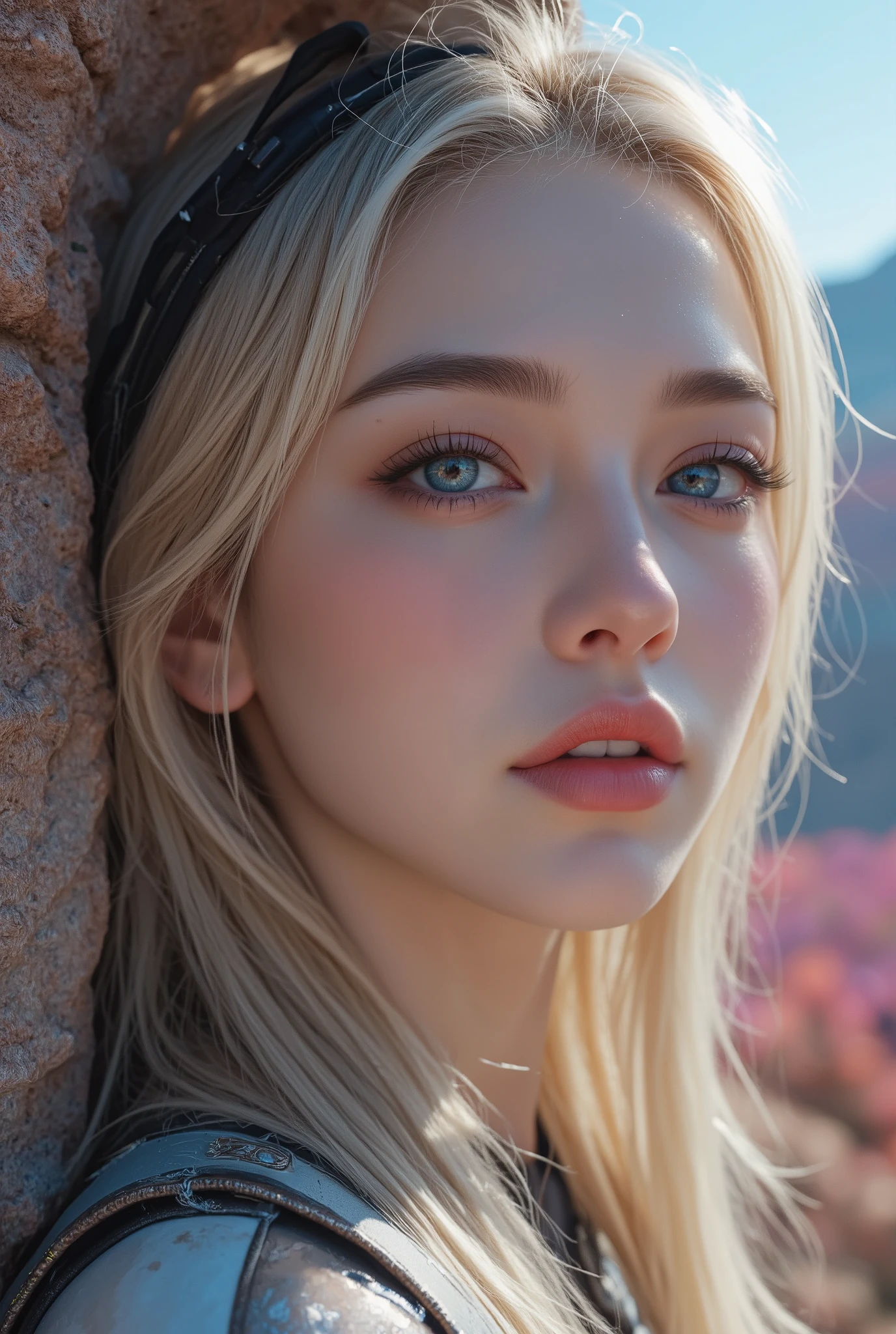 realistic, face, Blonde, blue eyes, long hair, beautiful planet background, beautifully detailed eyes, extremely detailed facial features, flawless skin, shiny iridescent blue eyes, delicate makeup, high-quality 3D render, photorealistic, cinematic lighting, ultra-detailed, 8k, hyperrealistic, vibrant colors, seamless, photograph