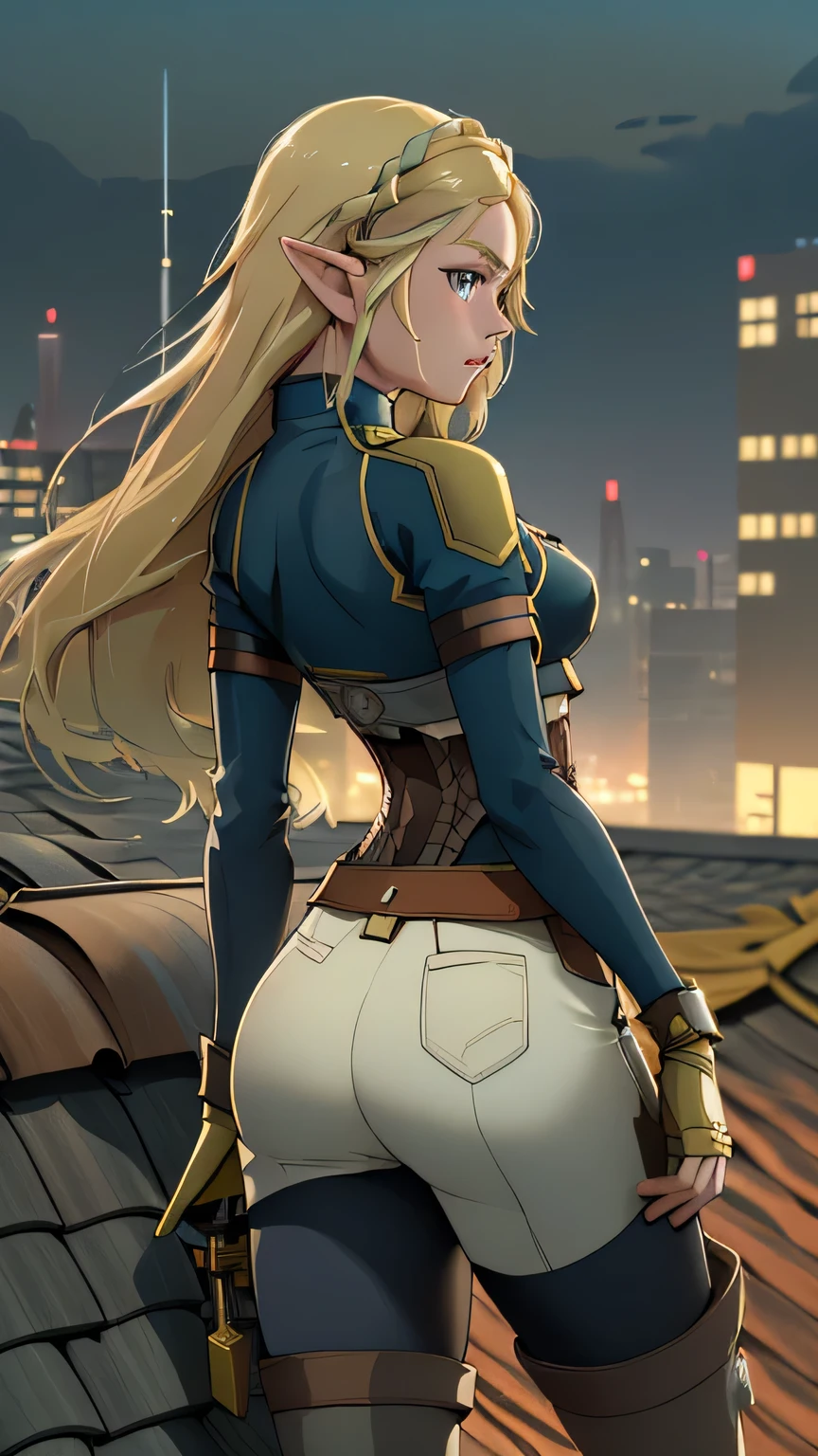 1girl in, age21, princess Zelda, photo of perfect woman, portrait, looking straight at camera, 5'3", Solo, Aesthetic artwork, (blond, straight blonde hair, waist length blond hair:1.25), (clear skin, pale skin, small breasts, B-cup, runners body, very thin waist, skinny, petite, detailed skin texture, (Masterpiece), (shot from behind, up skirt, focus on ass:1.2), (X-Men Rogue cosplay, uniform consists of a dark navy blue bodysuit. Gold platelets with the "X" logo are located on one of her shoulders, a green breastplatelet goes around her bust, A gold utility belt, the "X" logo on her belt buckle, platelets protect her knees), (high detailed city environment, rooftop Skyline, evening), (extremely detailed 8k wallpaper), outdoor lighting, high quality, film grain, Fujifilm XT3 sharp focus, f 5.6, 50mm, High Detail, Sharp focus, (natural light), crazy details, complex details, hyper detailed