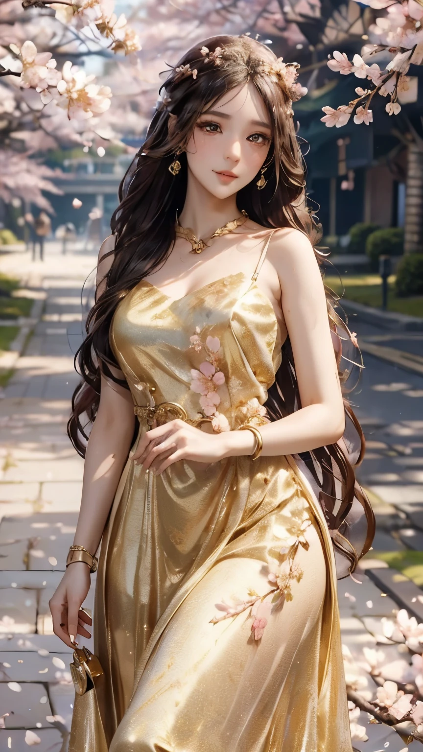 4K, Ultra HD, Masterpiece, 1 girl, (good face:1.4), detailed eyes, very long hair, princess dress, (golden dress:1.5), ((loops:1.4)), (jwellery:1.5), (cherry blossom:1.5), (bloom effect:1.5), Detailed Fantasy Art, Stunning Character Art, beautiful Exquisite Character Art, Beautiful, Extremely Detailed, Exquisite Intricate Headdress and Jewellery, perfect body, looking directly at the audience, lovely pose,
