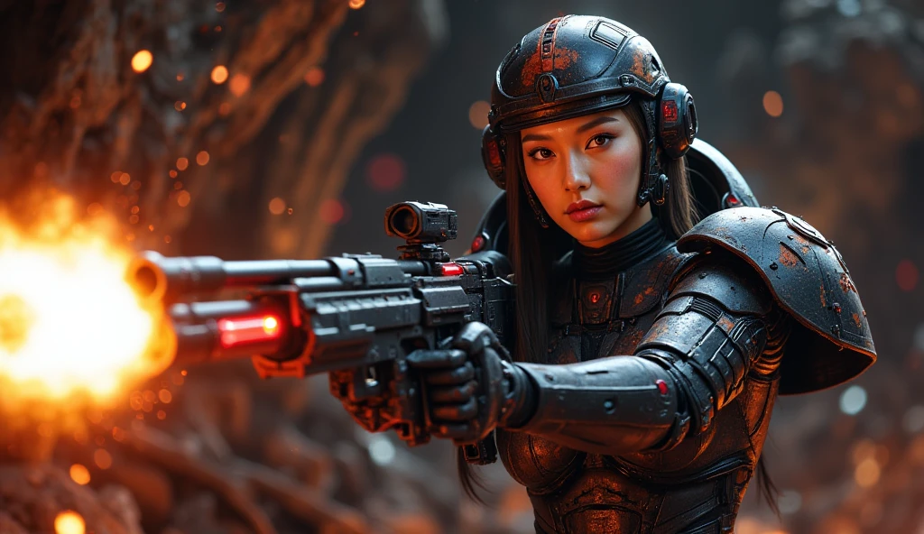 syberart Create a dramatic and action-packed portrait of a young woman in full combat gear, armed and ready to fight against the alien invaders. Use advanced photography and image editing techniques to realistically capture her intense expression and posture, and play with light and shadow to add depth and drama to the image. Incorporate elements of the battlefield, such as debris and destruction, to add context and visual interest to the image. Make sure the image has high resolution and impeccable image quality to ensure a very realistic and dynamic appearance.
