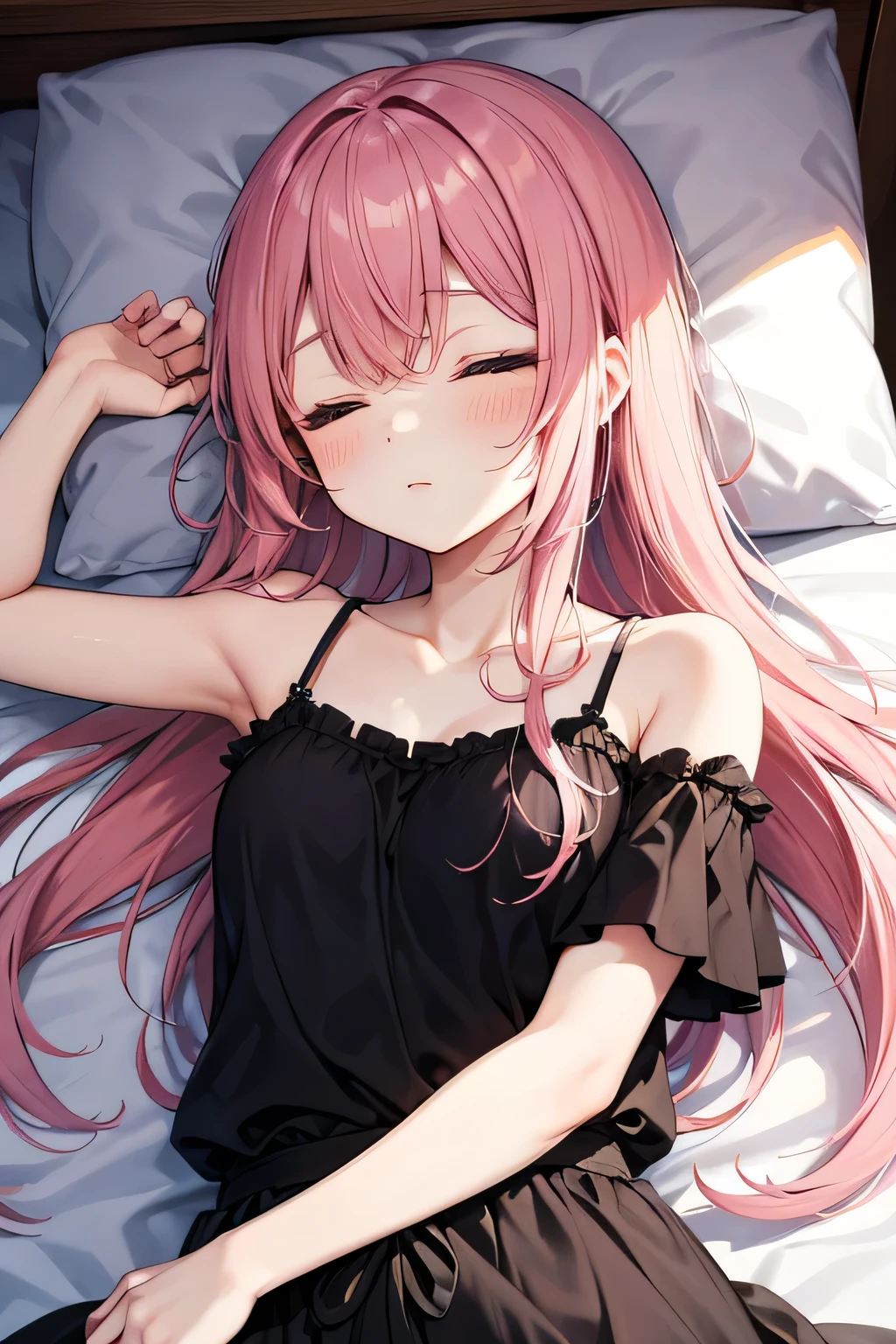 チアガール,sleeping,on bed,long hair,pink hair,