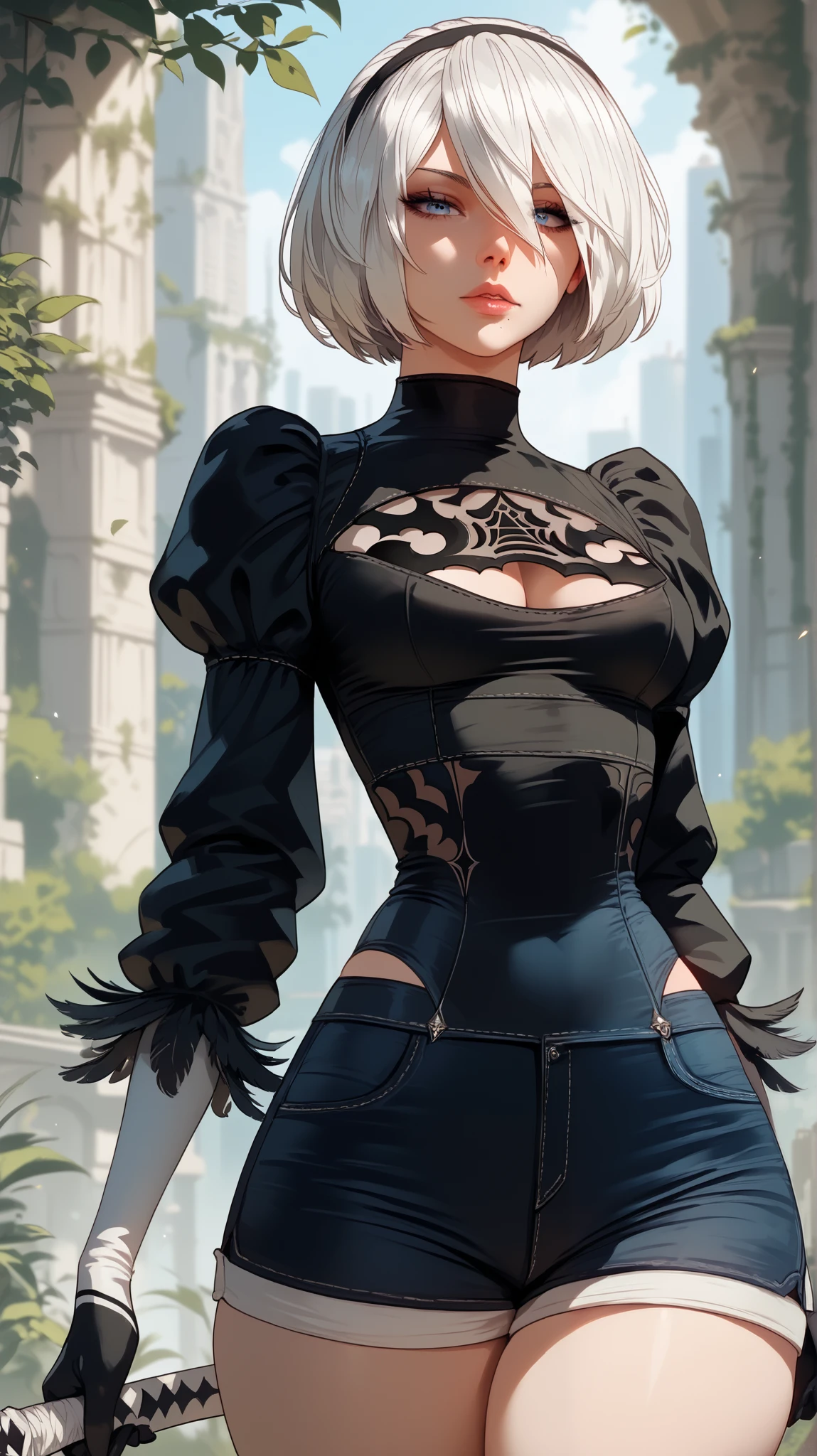 score_9, score_8_up, score_7_up, score_6_up, score_5_up, score_4_up, 1girl, 2b \(nier:automata\) white hair, bob cut, blindfold, juliet sleeves, voluptuous, large breasts, white thong leotard, standing, darkroom, abandoned building, glow effects, godrays, Hand drawn, Vivid colors, extremely detailed CG unity 8k wallpaper, trending on CGSociety, Intricate, High Detail, dramatic, dynamic pose,