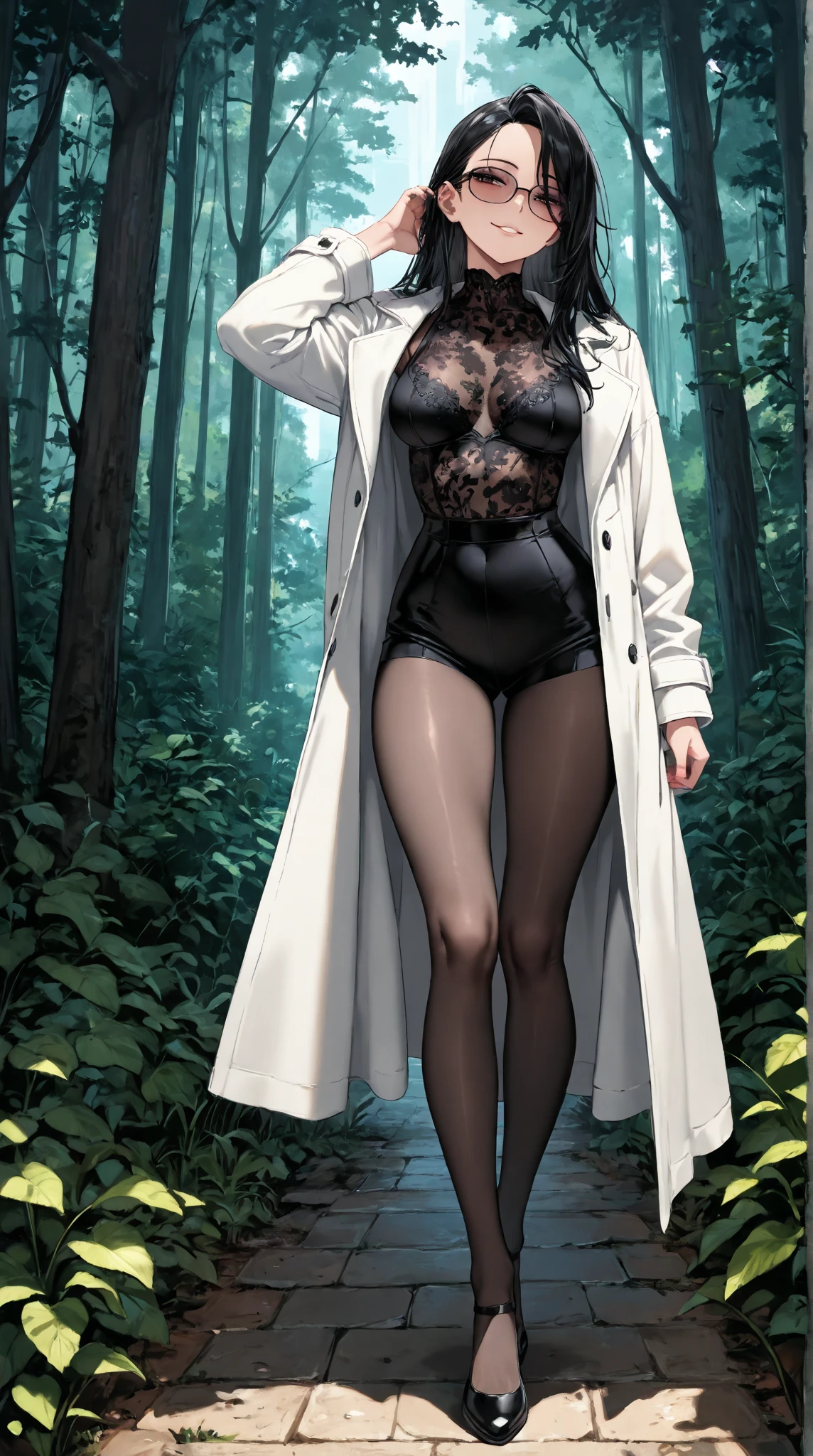 high resolution photo, sexy, sluty, lovely, desirable,provocative   leva laguna in slip-on coat, tight hawaii print body, jewelry, fashionable sunglasses, in the forest, in spring, hyperdetailed, cinematic lighting, f/16, award winning, masterpiece