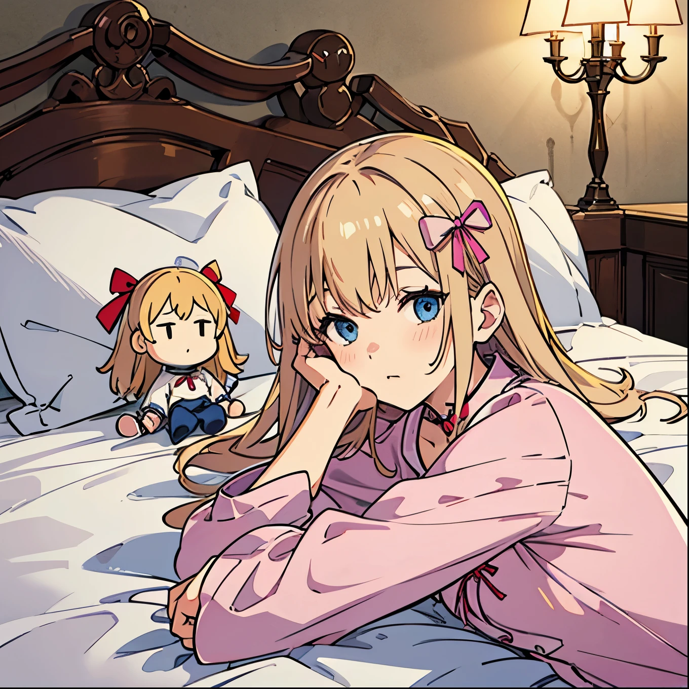 (detailed), 1girl, wearing pajamas With the collar of the shirt drooping to the shoulders, lying on bed,covering face with Elbow, A room decorated with ribbons and small dolls