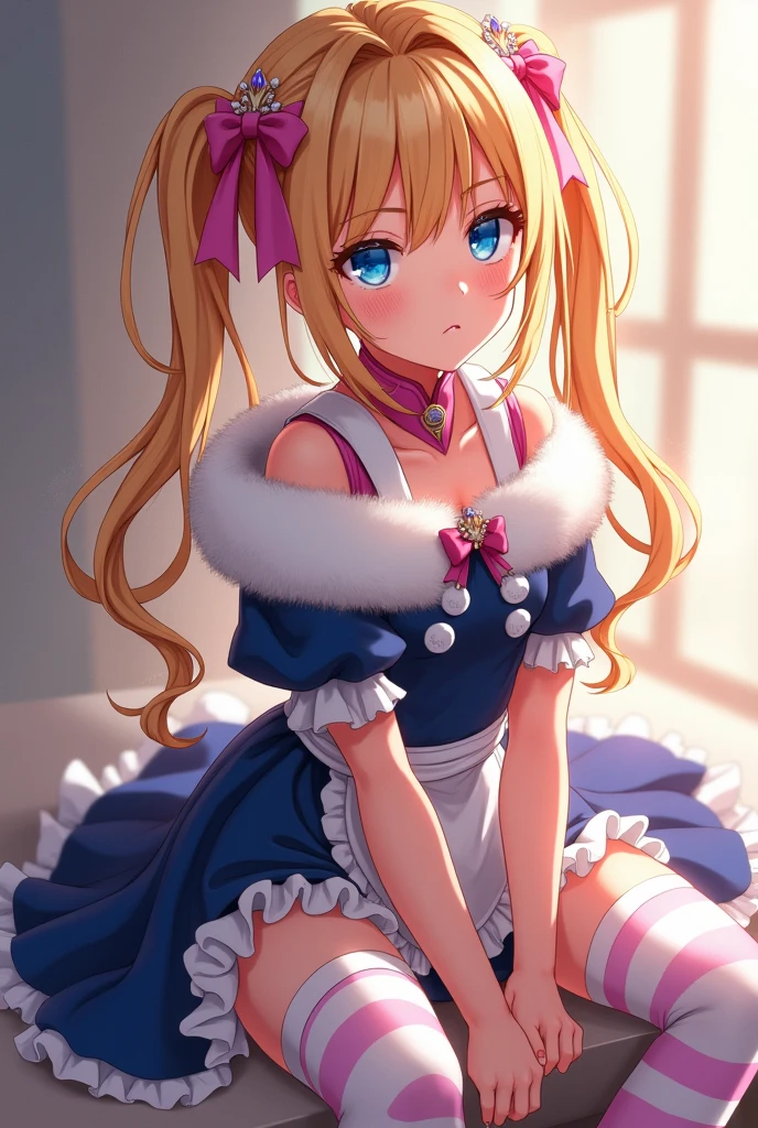 ((((ultra illustrated style:1.0)))),best quality,best animated,masterpiece,ray tracing, global illumination,kneeling, 1girl, solo,from side, skirt, thighhighs, school uniform, white thighhighs, long hair,smile, orange hair, white skirt, purple shirt, shirt, looking at viewer, short sleeves, hairband, sailor collar, puffy short sleeves, puffy sleeves, bangs, bow, simple background, bowtie, pleated skirt, no shoes, full body, white hairband, closed mouth, sailor shirt, frilled skirt, green eyes, frills, skirt hold, serafuku, blue eyes, blush, miniskirt, blunt bangs