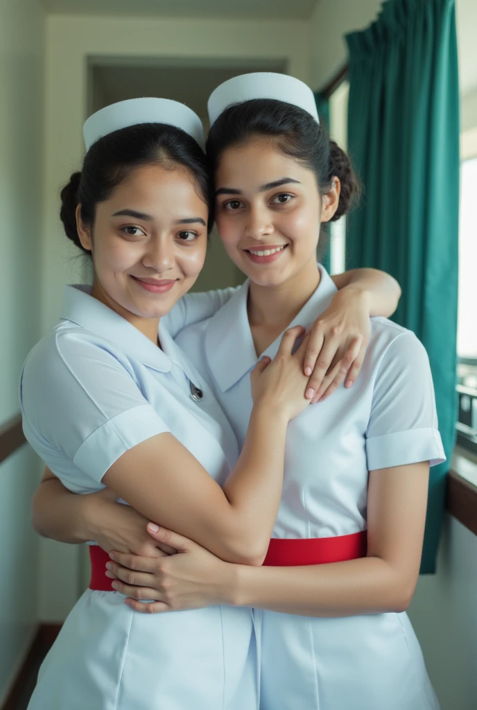 Smiling 4 Indonesian children and 1 medical staff in light blue female medical uniforms. photo. Realistic. masterpiece. Ultra 4k image. super detail. Hospital room. Towards a golden Indonesia