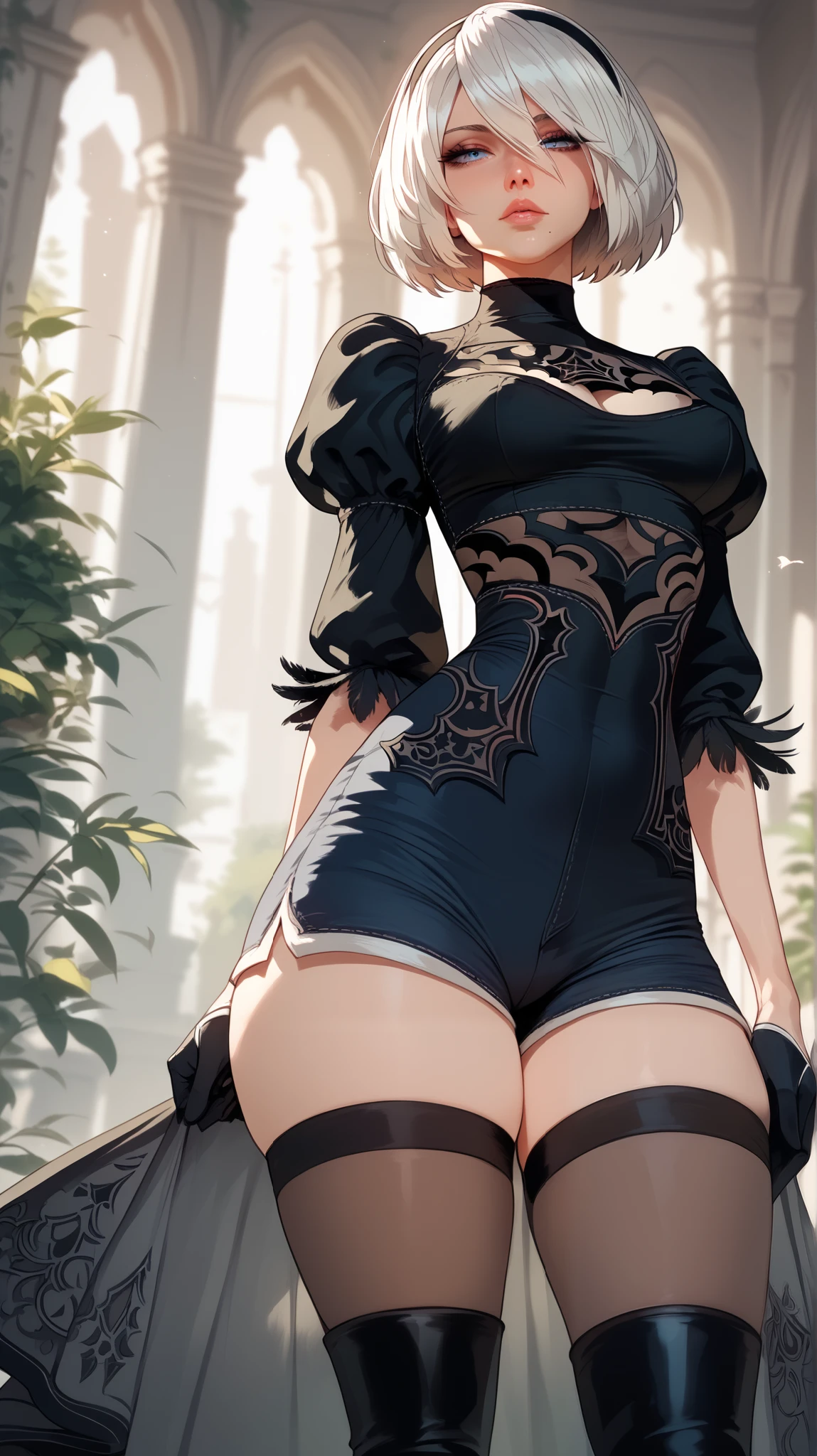 masterpiece, best_quality, 1girl, solo, yorha no. 2 type b, black blindfold, blindfold, wide hips, thighhighs,