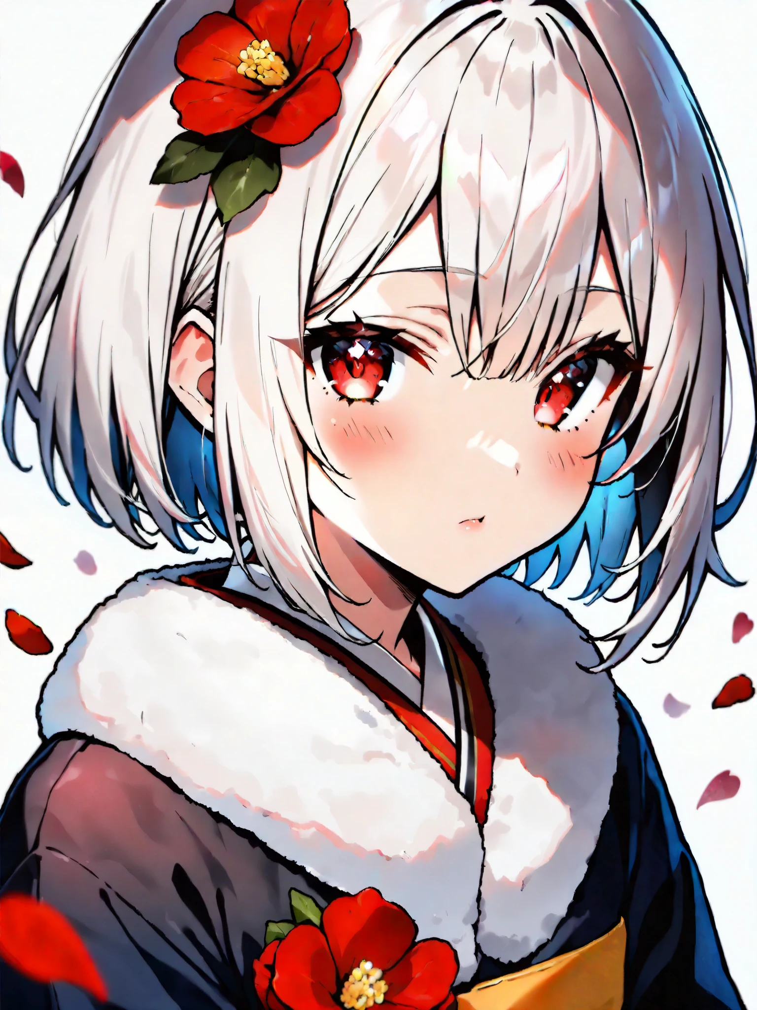 (masterpiece:1.2, best quality), (Exquisite eyes: 1.2), (( 1 girl in the best)), ((Alone)), ( red eyes:1.4), (Exquisite eyes and exquisite face:1.3), ( beautiful、and clear background : 1.2), ( very detailedCG, very detailed, Best Shadow: 1.1), (( allows depth of field)),(They: 1.5), ( kimono: 1.3) , shoulder out, Flowers and petals, beautifulコンセプトアート,, (illustration: 1.1), ( very delicate : 1.1), ( perfect detail : 1.1), cowboy shooting, movie light effects,