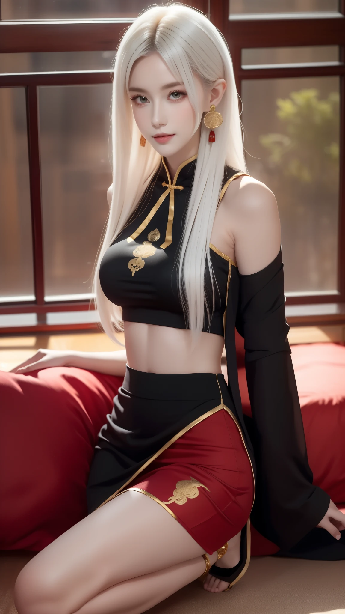 A very beautiful female empress, white hair, bob hair, short-hair, yellow eyes, olhos intensos, red nails, youthful face, notable physical features, slim, muscular but well-proportioned body. Wearing traditional Chinese imperial clothing in black with gold details, with red Hanafuda earrings, with a red skirt with gold details, a black string sandal. Kneeling on a white bed in an ancient Chinese room, with a full moon and stars in the window in the background with flashes of light reflecting on the body.