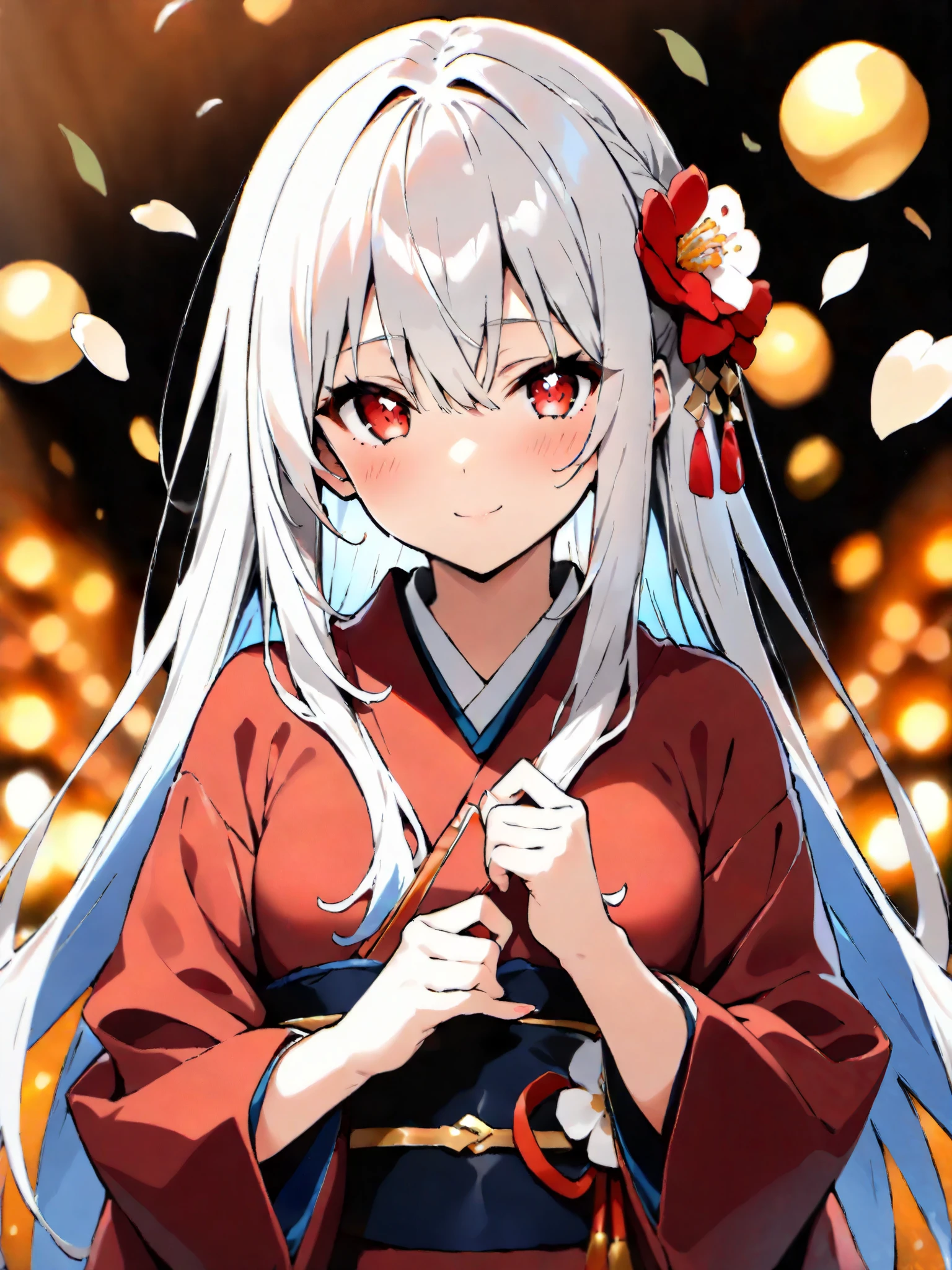 (masterpiece:1.2, best quality), (Exquisite eyes: 1.2), (( 1 girl in the best)), ((Alone)), ( red eyes:1.4), (Exquisite eyes and exquisite face:1.3), ( beautiful、and clear background : 1.2), ( very detailedCG, very detailed, Best Shadow: 1.1), (( allows depth of field)),(They: 1.5), ( kimono: 1.3) , shoulder out, Flowers and petals, beautifulコンセプトアート,, (illustration: 1.1), ( very delicate : 1.1), ( perfect detail : 1.1), cowboy shooting, movie light effects,