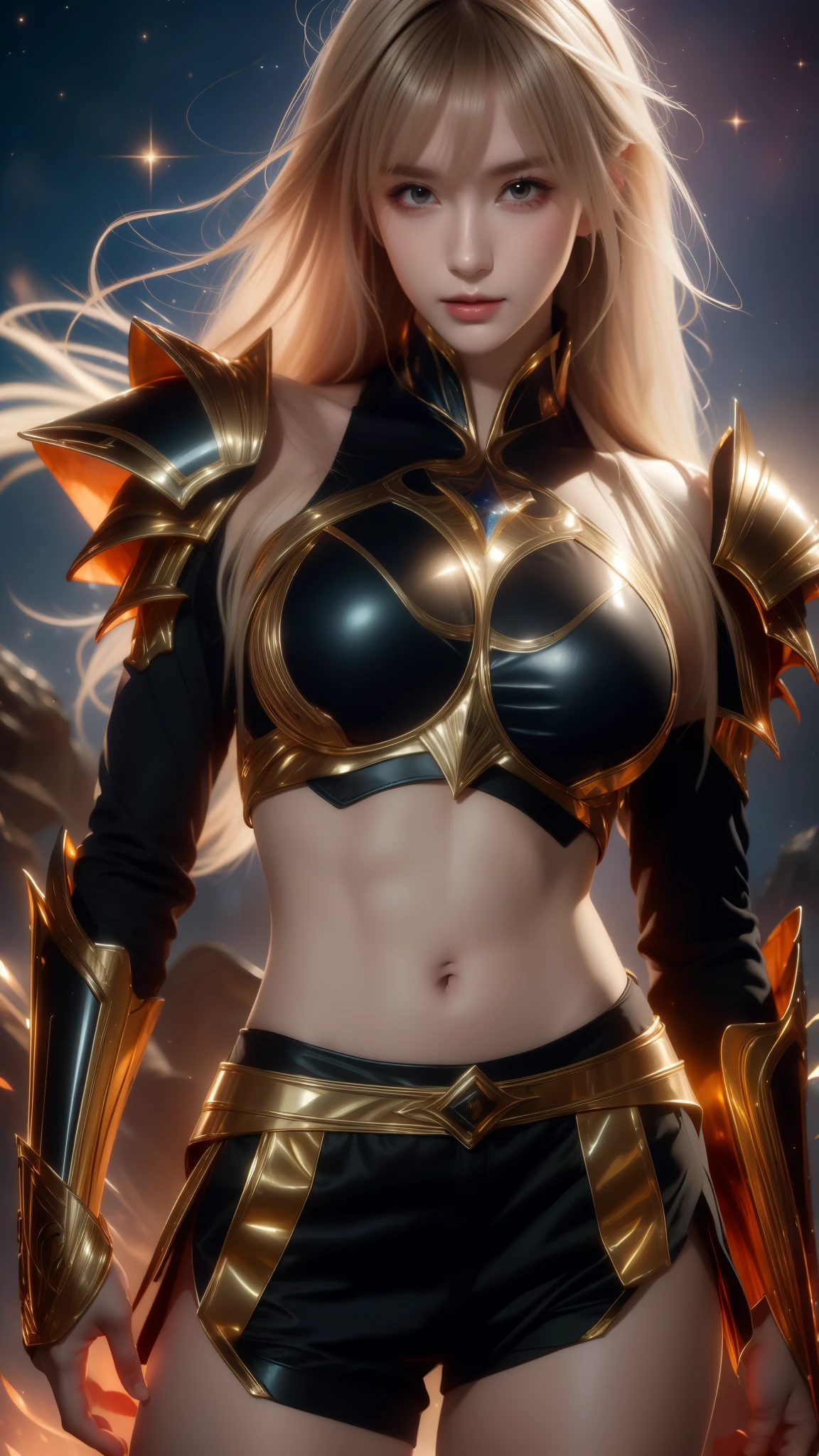 8K,looking down from above描写,Beautiful mature female demon, 3 horns, Cruel smile, black skin, sexyな黒の胸鎧, big golden eyes, Seduce me, underworld earth background, (masterpiece), (realistic:1.4), born, highest quality, ultra high resolution, rich colors, Backlight, cinematic lighting, film grain, born, 50mm lens, Nikon D850, warm colors,super realistic skin,inside a dark dungeon,looking down from above描写,One-length hair,Ghost Girl,has a long and large battle ax,battle scene,action scene,action pose,luxurious black shoulder armor,gorgeous black gauntlets,trained body,Violent and strongly cracked abdominal muscles,very big breasts,looking down from above,sexy,gorgeous gold and black pants,blonde,