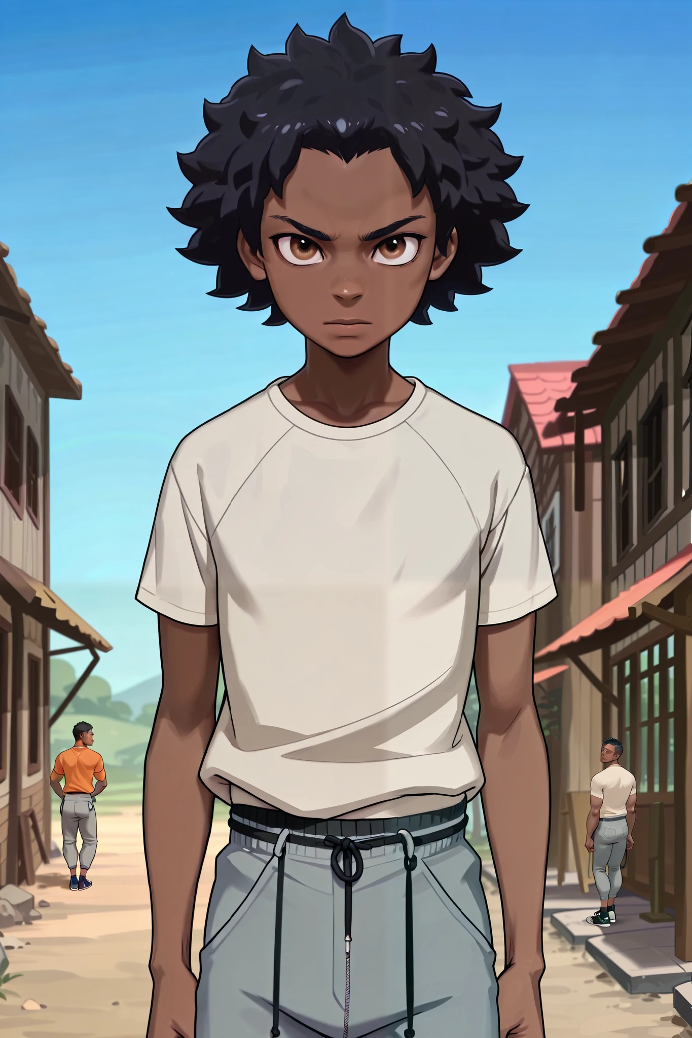 1 dark-skinned boy, short nappy black hair, brown eyes, wearing plain white shirt, grey swatpants, village, absurdres, high res, ultrasharp, 8K, masterpiece, looking at viewer