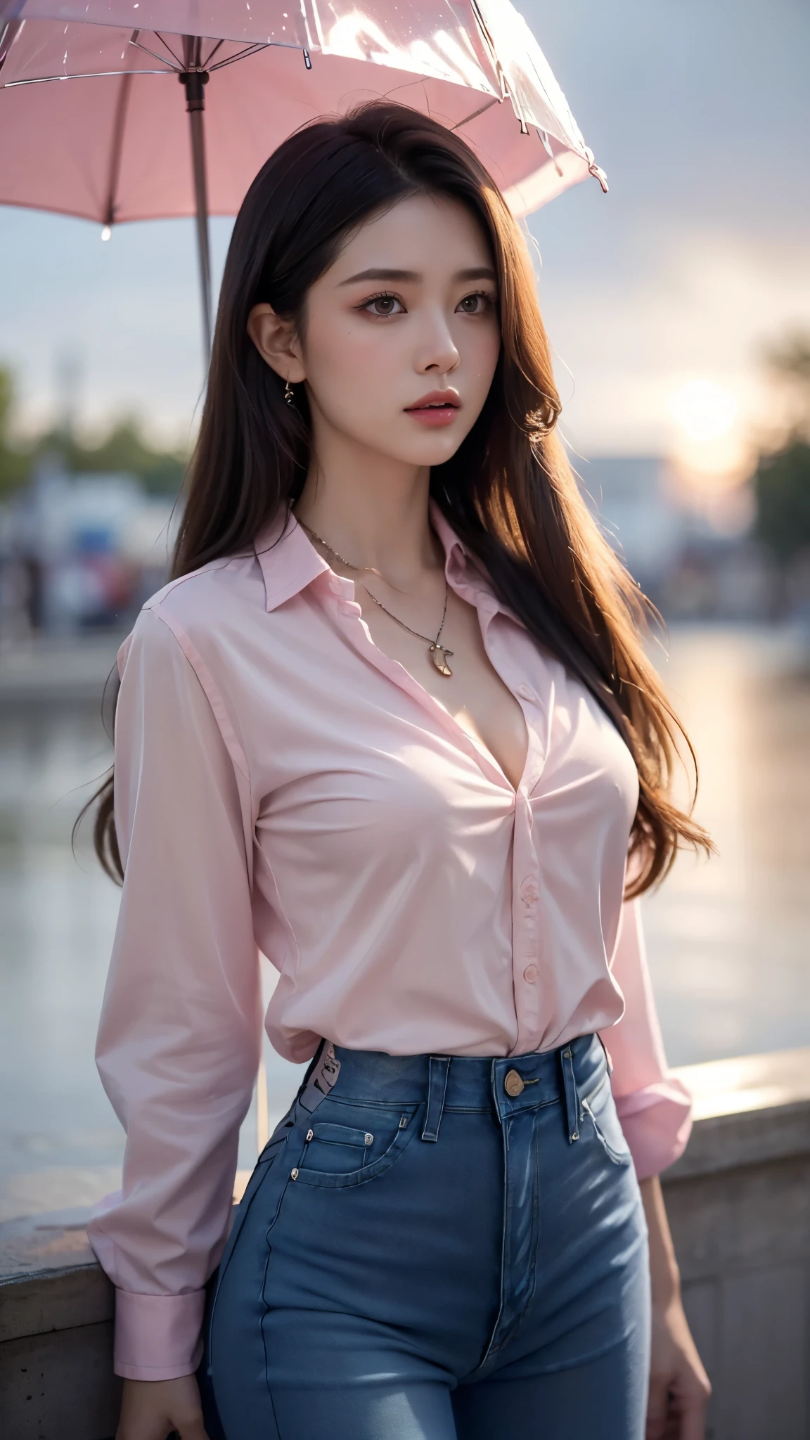 best qualtiy,tmasterpiece,A Korean woman,beauitful face,Wears a light pink three-point bikini,Bust photo,splits legs,Light pink skin,Large breasts。