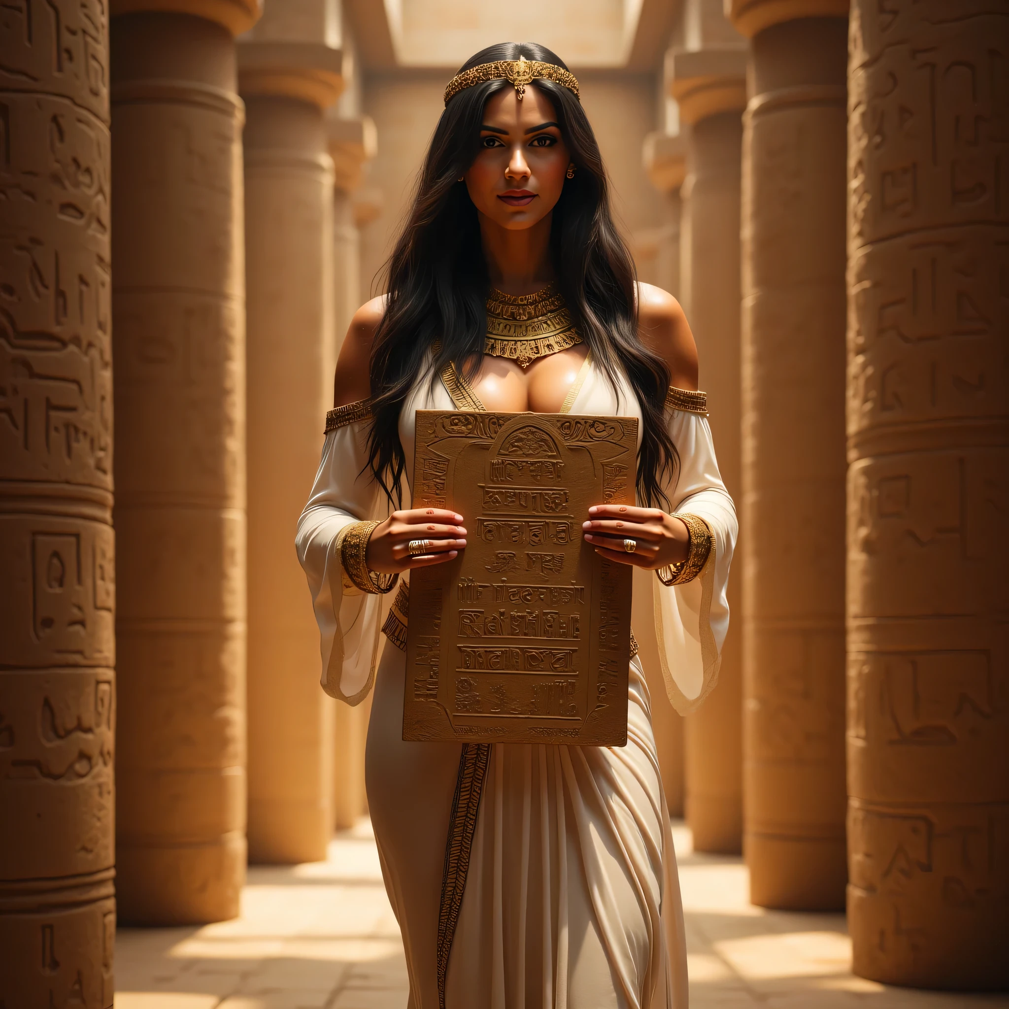 A hyper-realistic wide scenery image shot of a prehistoric beautifully fullbody female queen Cleopatra Pharaoh holding a big size clipart hieroglyph carved clay tablet, symmetrically balanced in image composition. The beautifully Pharaoh is depicted in a full body angle view, showcasing her lively, lusciously vivacious, and shapely body. She is wearing a realistic cultural Pharaoh long dress. The scene includes a well-rounded prehistoric female Pharaoh holding use a big size of carved clipart hieroglyph, and smiling. The background features ancient egypt hieroglyph clipart tomb with central leading lines, creating a sense of depth on ultra-wide angle. The image has UHD ambience, with a zoomed-out perspective, realistic textures, soft lighting, and a wide-angle view. The Pharaoh's hands are accurately detailed with full human finger anatomy, and her hair is shiny and lifelike. The overall style is reminiscent of Far Cry 5 game artwork, with additional details and body fixes applied. The combination of influenced of SandalPunkAi Artwork and BronzePunkAi Artwork.