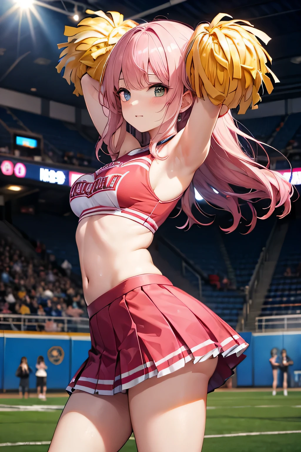 Absurd, Super detailedな,(In 8K:1.3),Masseter muscle area,(masterpiece:1.2)、(Highest quality)、4K、Super detailed、(Movement Structure:1.4)、(Shining Lights、Atmosphere lighting), High resolution, Best Quality、(One girl:1.4),Super detailedな,Bright colors、Treebreak Production Art、(Warm color light source:1.2),High-level image quality、Fine image quality、Intricate details,Volumetric Lighting,Realism BREAK、Profile、 Idol face、15 years old、Very beautiful face and eyes, Beautiful images、natural make up、 big eyes, (Big Tits:1.2)、(Breast bag:1.2)、(glossy skin :1.5)、(Baby Face:1.5)、 (standing , raise one leg/leg up:1.5)、Plump thighs、 (Stadium:1.2) 、 (pink hair,blunt bangs,medium hair:1.2)、 (((wearing cheerleader costume)))、light smile