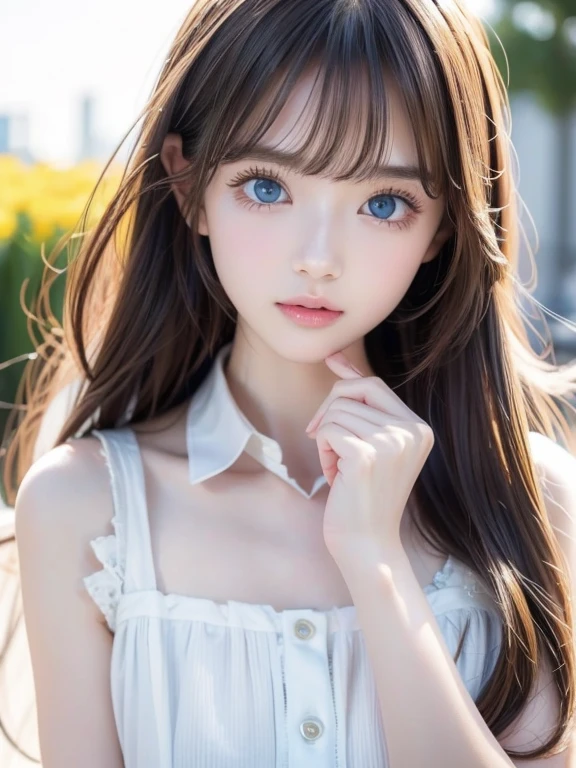 Unparalleled beauty, Shiny、Tightened、Glowing Skin, Bangs between the eyes, Shiny真っ直ぐな美しいプラチナブロンド, Super long straight silky hair, eyeliner, Sexy, beautiful and pure 14 year old, High resolution big beautiful bright blue eyes, beautiful and adorable girl, Baby Face, Short sleeve shirt