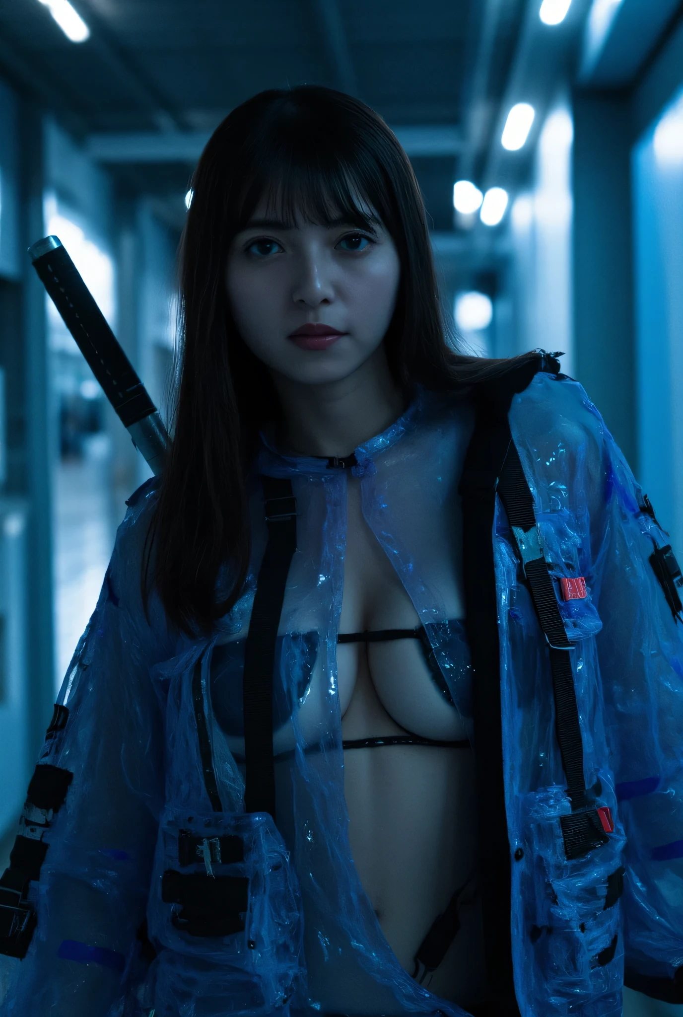 (((The dark interior of the Nostromo ship :2.0))),((( HR Gigger style cyberpunk atmosphere :2.0))),((( Hold a cyberpunk-style Japanese sword :2.0))), standing,((whole body:2.0)), one woman,( cute face),(Beautiful well-balanced face ),(( natural big breasted :2.0)),( black hair:1.5),( beautiful eyes:1.3), Glamorous Shot of a 20-year-old Japanese Woman , Slender Beautiful Body ,( model body type:1.3),(Slim body:1.3), perfect body line, Ideal Proportions ,(( big breasts:2.0)),((F cup breasts:1.5)),Big Breasts,Bare thighs, sensual thighs, delicate body,( Shrimp:1.7),A harmonious posture,((Realistic breast depiction :1.7)), Carefully depicting limbs based on perfect anatomy ,((Futuristic samurai style blue glowing transparent glass leotard:1.5)),Filled with multicolored LEDs,(( super high-leg leotard made of camy-like clear glass that fits the body:1.5)),((A blue translucent military coat in the style of a samurai kimono with an open front over a leotard:1.5)),(ear monitor:1.5),((Tactical Holster:1.5)),( gloves:1.3), concept art ,( best quality:1.5),(masterpiece:1.5),(Super high resolution),resolution,UHD,( delicate depiction), carefully drawn with butterfly wings ,32K,(( realistic skin texture:1.5)),((( Ultra-realistic :1.5))),Draw eyelashes carefully, very detailed face,Highly detailed female hand,Sexy appearance,Very sensual,(Blurry Dim Backgrounds :1.5), Professional Photoshoot,( Movie Lighting:2.0),(( Blade Runner Style Lights :2.0))