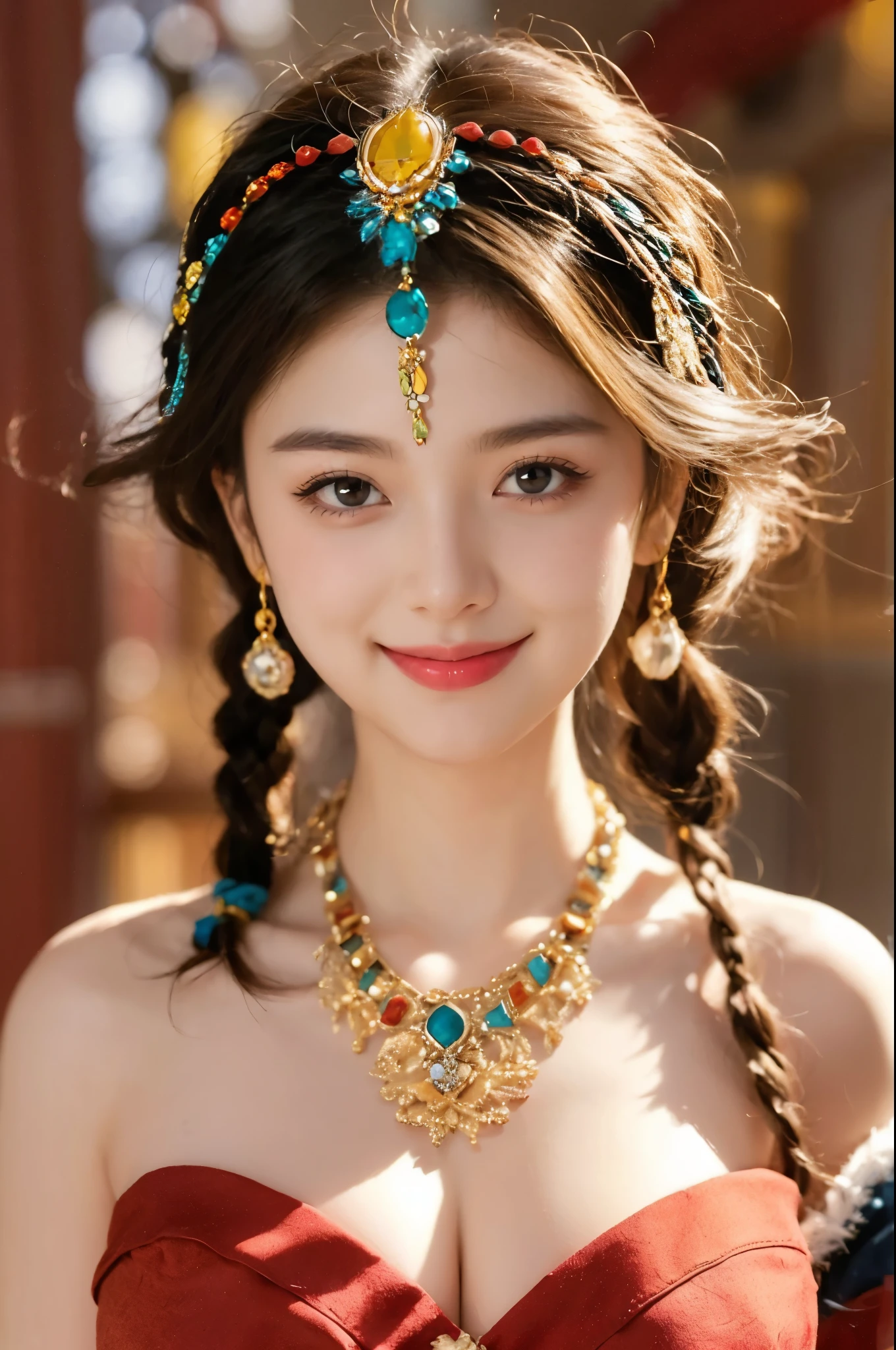 realistic, High resolution, soft light,1 female, alone, hip up, (detailed face), jewelry, streetwear, beauty model, Eyes that invite the viewer, Spouse'perspective, attractive appearance, sexy smile, perfect style, perfect balance, fine skin, naughty look, I can see your breasts