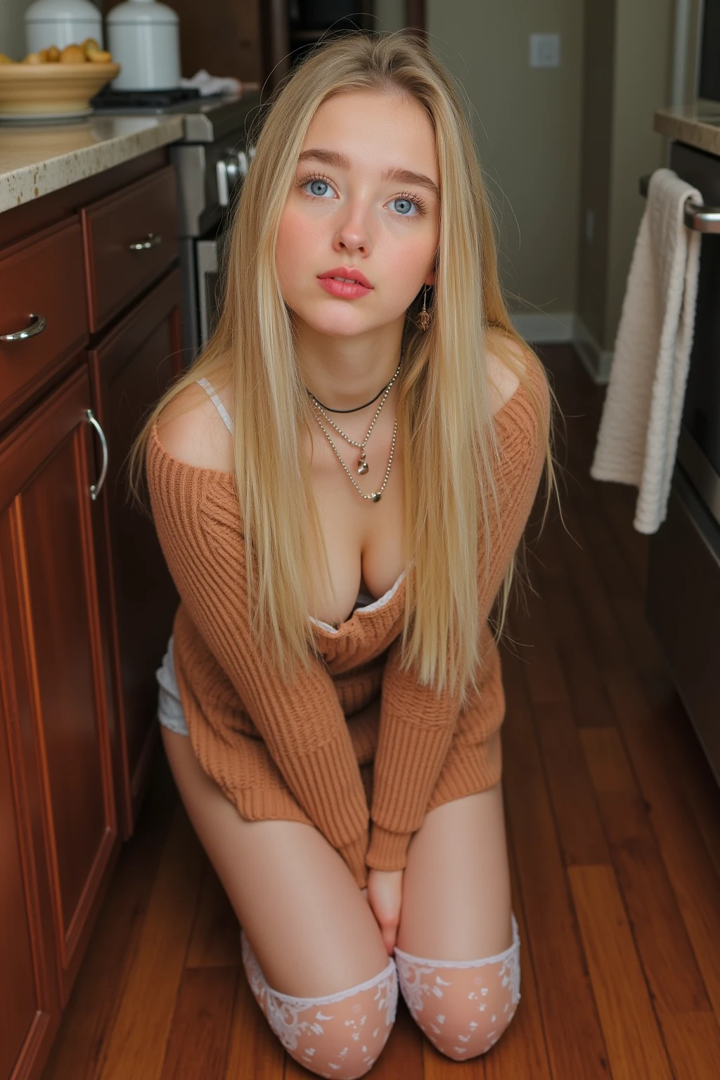 A photo of a beautiful 23 year old Madison Frost, [Amber Heard:Lili reinhart: 0.8], blue eyes BREAK, ((long blonde hair)), sharp focus, relaxed, afternoon light, having coffee, at a coffee shop, full body, wearing off-shoulder sweater