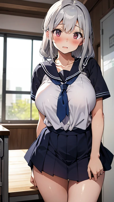 (masterpiece,highest quality,超A high resolution),japanese woman, (((Very beautiful 25 year old girl))), pretty girl、look at the photographer､  ((beautiful low ponytail)), super cute face, glossy lips, double eyelids in both eyes,natural smile、 natural makeup, long eyelashes, Shiny and smooth hair､center image,  perfect limbs, perfect anatomy,(((school uniform))、School,glasses,blush,lift up skirt