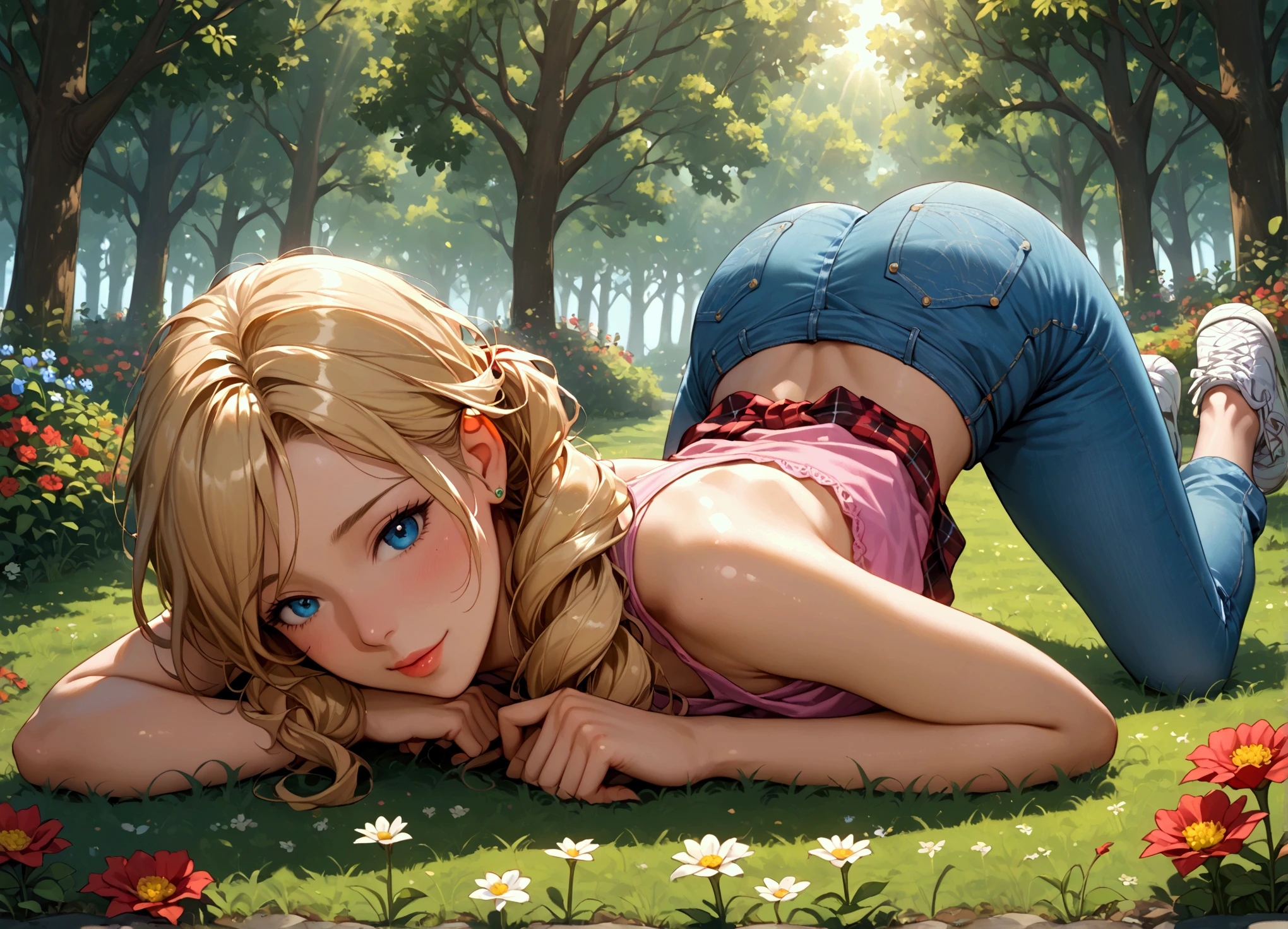 Hyper realistic super detailed sexy woman, Une fille confiante, NSFW (en anglais seulement), Very detailed, expressions faciales sexy, seductive facial expressions, [:(Face detail: 1.4): 0.4], 16K resolution, 4k resolution, dinamic lighting, High definition resolution, (sexy pose, Position attrayante), (hyper realistic: 1.4), (back light: 1.2), (jour: 1), (pleine hauteur: 1.8),(contrasting background: 1.5), (Anatomy of the hyperrealistic arm), (Hyperrealistic anatomy of the legs), (peau propre), (lighting cinematic: 1.7), (intime), (Technologie NVIDIA RTX Ray Tracing), (Anatomy of the hyperrealistic arm: 2), (Ventre plat parfait), (image couleur), (masterpiece:1.3), (best quality:1.3), (hires, high resolution:1.3), 1girl, blonde, long hair, white tied shirt, black skirt, pussy peek, ass, lying, on side, foreshortening, picnic, picnic basket, nature, outdoors, flowers, summer, happy