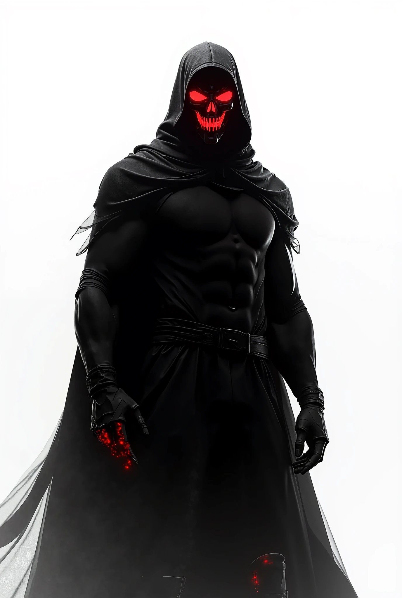 Exercised muscular grim reaper in ultra detailed briefs, full body pose, stern expression, 3D render, male solo, realistic, masterpiece, highest quality, chiseled abs and biceps, intricate details, dramatic lighting, unreal engine, trending on ArtStation, detailed textures, sharp shadows, expressive, masculine appeal, black and red attire, flowing cloak, intense gaze, realistic facial features, bold and fearless, lantern in hand, realistic muscle definition, detailed shading, moody atmosphere, peak physical condition. (By XenonArt, by DeathScape, by ReaperKing, ultra high resolution, perfect anatomy, highly detailed picture)
