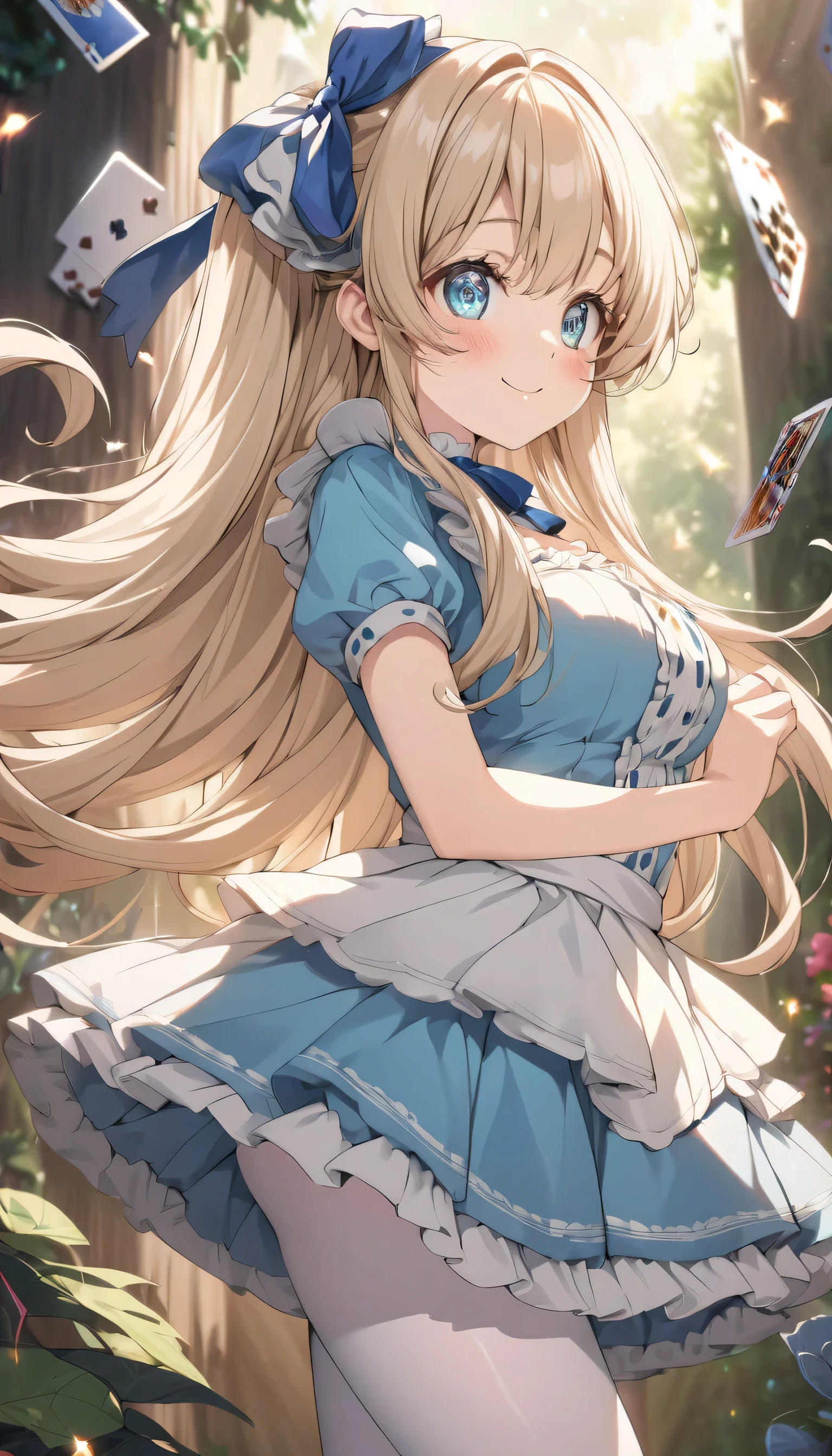 ((ultra-detailed)), (highly detailed CG illustration), (best quality:1.2), ultra-highly detailed, colorful composition, artistic photoshoot, 1girl, solo focus, ((thigh to top:1.4)), ((cowboy shot:1.4)), moe anime character,  girl, dainty facial structure, (bab(round face), ((rounded chin:1.2)), ((ideal ratio body proportions)), celia-default, celia claire, alice, alice_in_wonderland, (blue eyes), sparkle eyes, blonde hair color, long hair,  ((big blue ribbon on the head, Alice in Wonderland style)), ample breasts, white apron, blue dress, white pantyhose, slightly surprised look, outdoor, ((trump cards glowing and fluttering)), best quality, masterpiece, floating in wonderland, from side, expecting, pink cheek, blush, light pink gloss slip, portrait, depth of field, soft lighting, sidelighting, (shine), lighting, caustics, ray tracing, smile, perfect face, lustrous skin, highly  detailed face, highly detailed eyes, perfect face, perfect nose, perfect hair, perfect eyes, perfect anatomy, beautiful hair, beautiful small face, extremely detailed face, beautiful detailed eyes, beautiful clavicle, beautiful body, beautiful huge breasts, leavage, breasts squeezed together, equalize the size of the left and right breasts, beautiful thin thighs,  beautiful legs, beautiful fingers, 4 fingers, 1 thumb, lovely, (very detailed background:1.0), (highly detailed background:1.0), colorful aesthetic, intricate details, mysterious atmosphere,  colorful palette, chromatic aberration