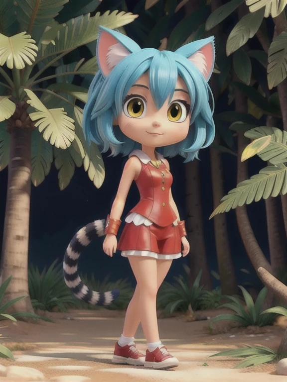 Cute little character in bright 3d with front, Tiger, Cute  girl s, banana in, long purple hair, white lingerie, sweetie, pigtails, scared