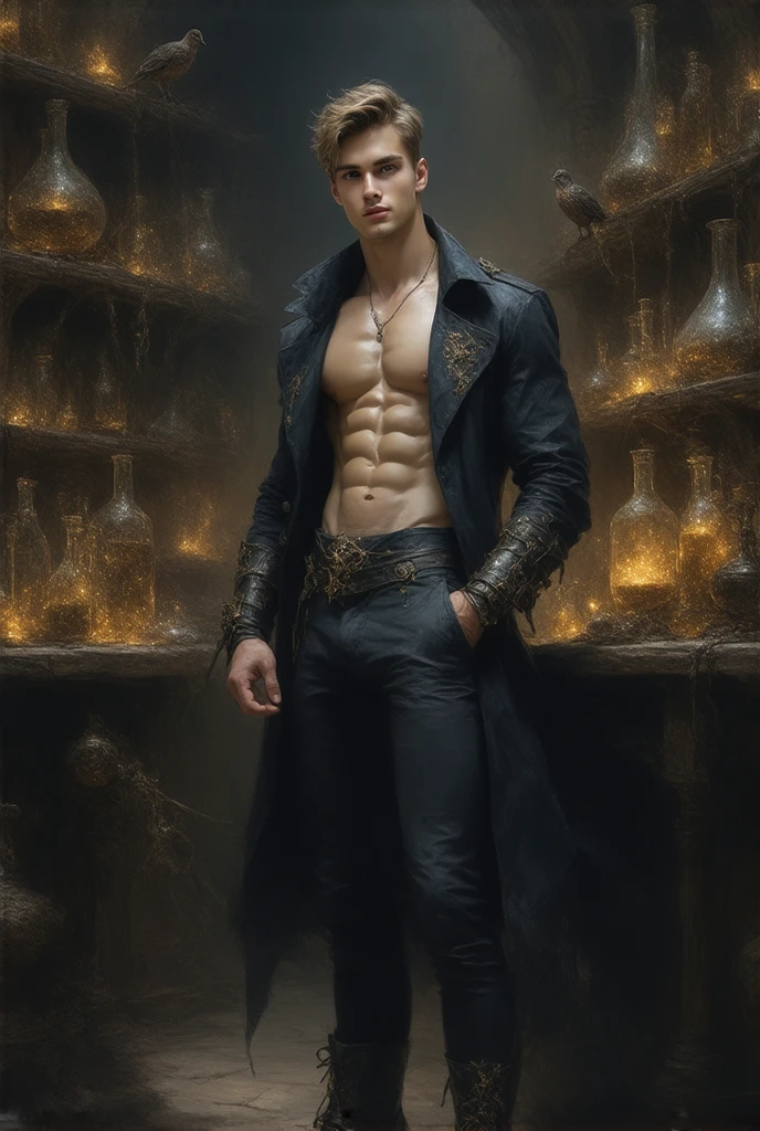 realistic, masterpiece, best quality, cinematic, dynamic lighting, soft shadow, highest detail, professional photography, detailed background, depth of field, insane details, intricate, aesthetic, detailed face, subsurface scattering, realistic hair, realistic eyes, 1boy, nude, muscular, manly, (large pectorals:1), pectorals, portrait photo of a handsome evil sorcerer, wearing intricate medieval fantasy vestments robe, (glowing magical amulet), horror \(theme\), night, moon, (evil medieval temple), facial hair, black hair, upper body, pants, window, looking at viewer,