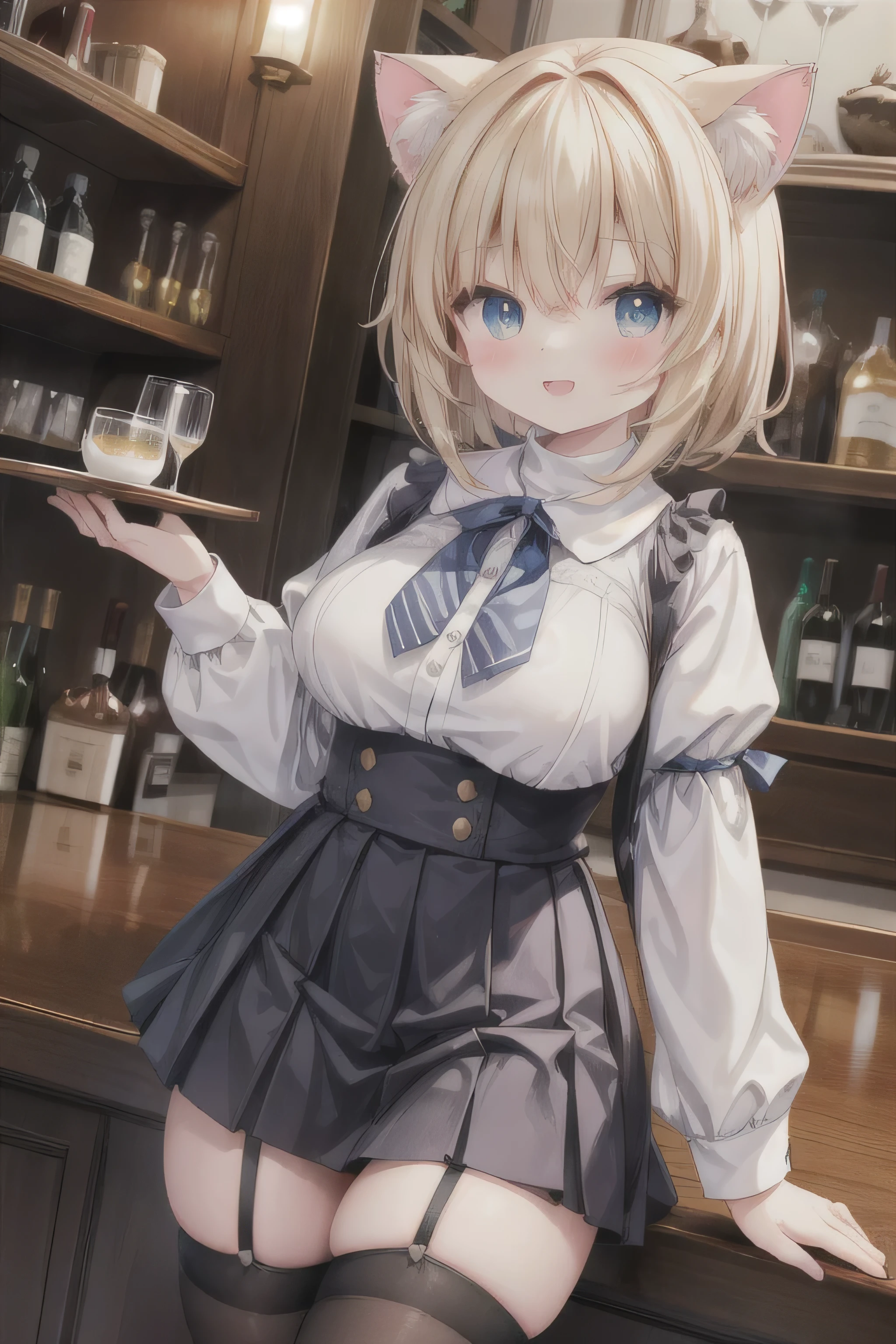 (masterpiece、 best quality )、 high resolution、 detailed color:1.2、anime(1.2)、Sharpness、4K、Beast Girl、Cat ears、 cat tail、 white blonde hair、Lori、 dynamic angle、 cowboy shot、 with a cheerful smile、 open your mouth、Cute pose、Beautiful perfect posture、 one girl、Inside the late-night bar lounge、 bartender 、 bartender ユニフォーム、 Long Sleeve、 turtleneck、Moe sleeves、 pleated skirt、 short miniskirt 、 garter belt、Slender and beautiful legs、 black thigh high stockings、 white skin、 is cute 、Big Breasts、Innocent Eyes、 innocent smile、Thick thighs、