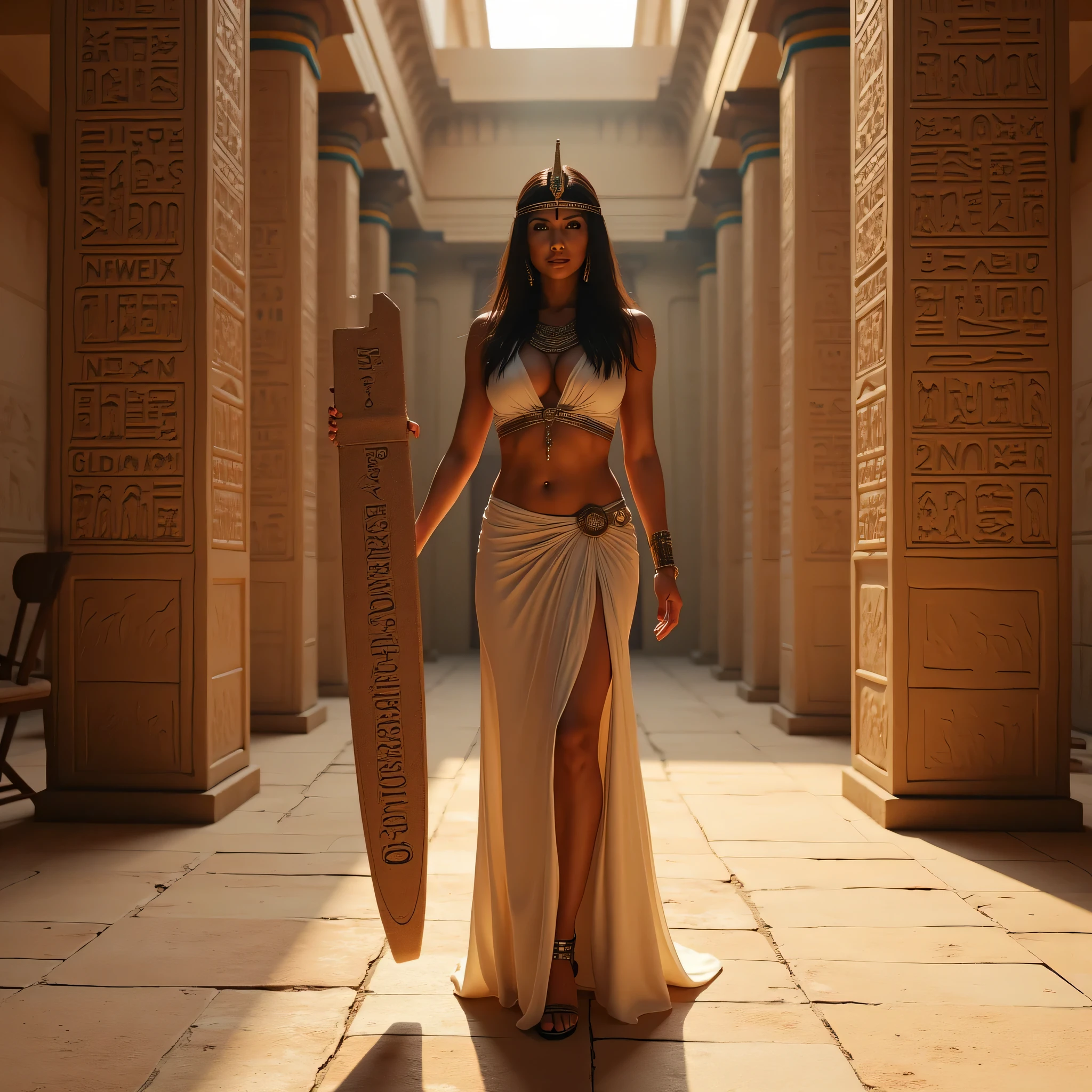A hyper-realistic wide scenery image shot of a prehistoric beautifully fullbody female queen Cleopatra Pharaoh holding a big size hieroglyph carved ideogram clay tablet, symmetrically balanced in image composition. The beautifully Pharaoh is depicted in a full body angle view, showcasing her lively, lusciously vivacious, and shapely body. She is wearing a realistic cultural Pharaoh long dress. The scene includes a well-rounded prehistoric female Pharaoh holding use a big size of carved hieroglyph, and smiling. The background features ancient egypt hieroglyph ideogram tomb with central leading lines, creating a sense of depth on ultra-wide angle. The image has UHD ambience, with a zoomed-out perspective, realistic textures, soft lighting, and a wide-angle view. The Pharaoh's hands are accurately detailed with full human finger anatomy, and her hair is shiny and lifelike. The overall style is reminiscent of Far Cry 5 game artwork, with additional details and body fixes applied. The combination of influenced of SandalPunkAi Artwork and BronzePunkAi Artwork.
