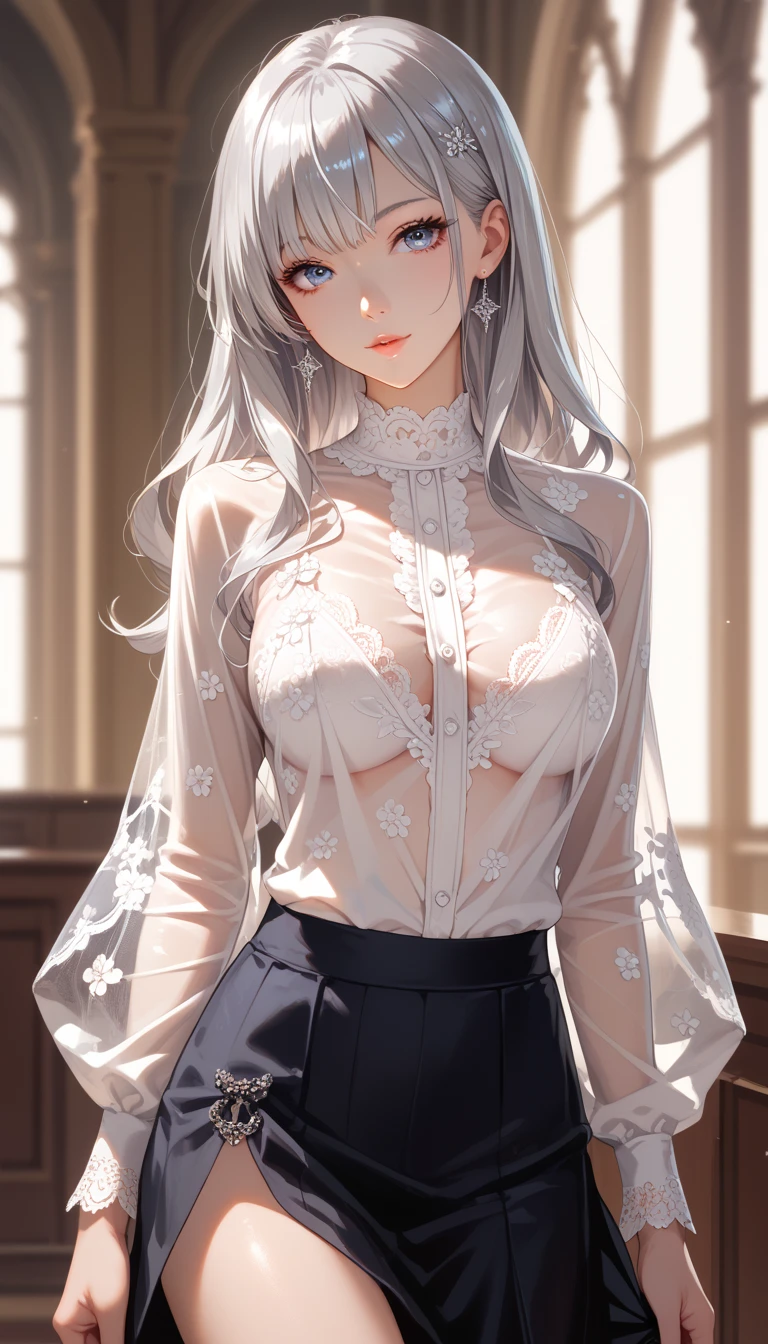 ((masutepiece, Best Quality,high-detail,Finely drawn,4K)), (1girl in), (Solo), (female focus), (Ahoge, White hair, Very long hair), ((small nipple, Normal)), Golden Eyes,,Big eyes Clear smile, (Wet clothes, Sheer white shirt), (Buttoned shirt, Gap Button), (Black skirt, Short skirt), White background, arms behind back, Dynamic Angle