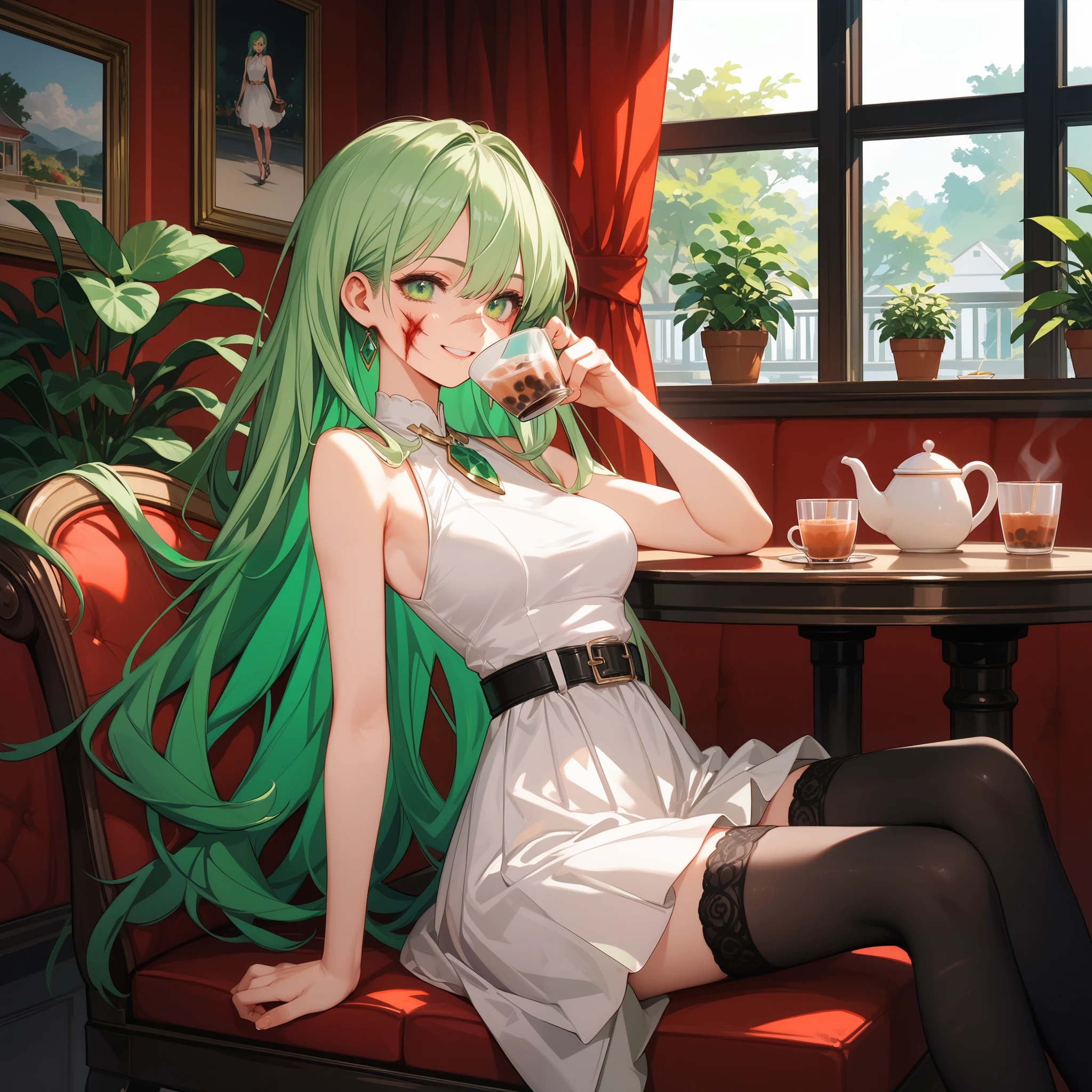 Beautiful girl, green hair, luxurious cafe, play handphone, drink wine, wearing cool t-shirt