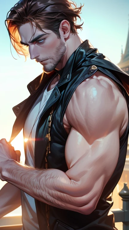 Handsome young man in jockstrap, yellow hair, on the beach. Top view, ecstatic expression/ (Milk white slime with sperm on stomach and chest), beach scene, surrounded by sea water, 6-pack body, book in hand