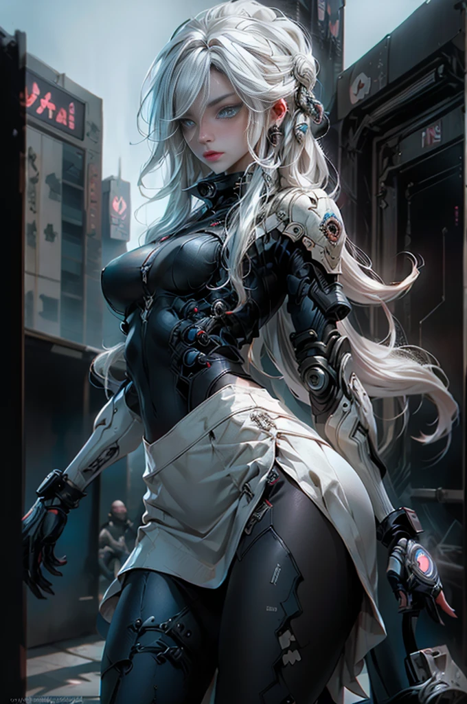 masterpiece,best quality,ultra-detailed,very detailed illustrations,extremely detailed,intricate details,highres,super complex details,extremely detailed 8k cg wallpaper,cowboy shot, caustics,reflection,ray tracing,demontheme,nebula,dark aura,cyber effect, (1girl:1.4),solo,alone,mecha musume,mechanical parts, robot joints,single mechanical arm, headgear, mechanical halo,star halo,intricate mechanical bodysuit, mecha corset, kimono, full armor, very long hair,white hair, hair between eyes, multicolored hair, colored inner hair, red eyes,glowing eye,eye trail, random expressions,random action, ancient japanese architecture,pond, starry sky,skyline,