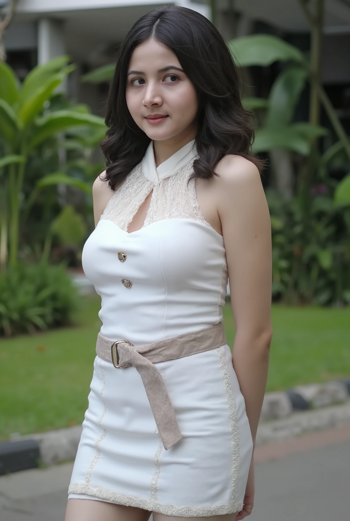 Beautiful female photography model, Indonesian artist Bulan Sutena, She poses very seductively, looking forward at the camera, the girl poses while standing, daylight, (( sexy white dress, in the street, camel toe, arrousing, temptating, seducing)), 8k RAW photo,realistic face,realistic body,realistic skin,disorganized,masterpiece, ((Beautiful medium breast)), look camera, full Body photograph, Physically based rendering,shot from front, full body photoshoot, sexy pose, white dress, background park, dress
