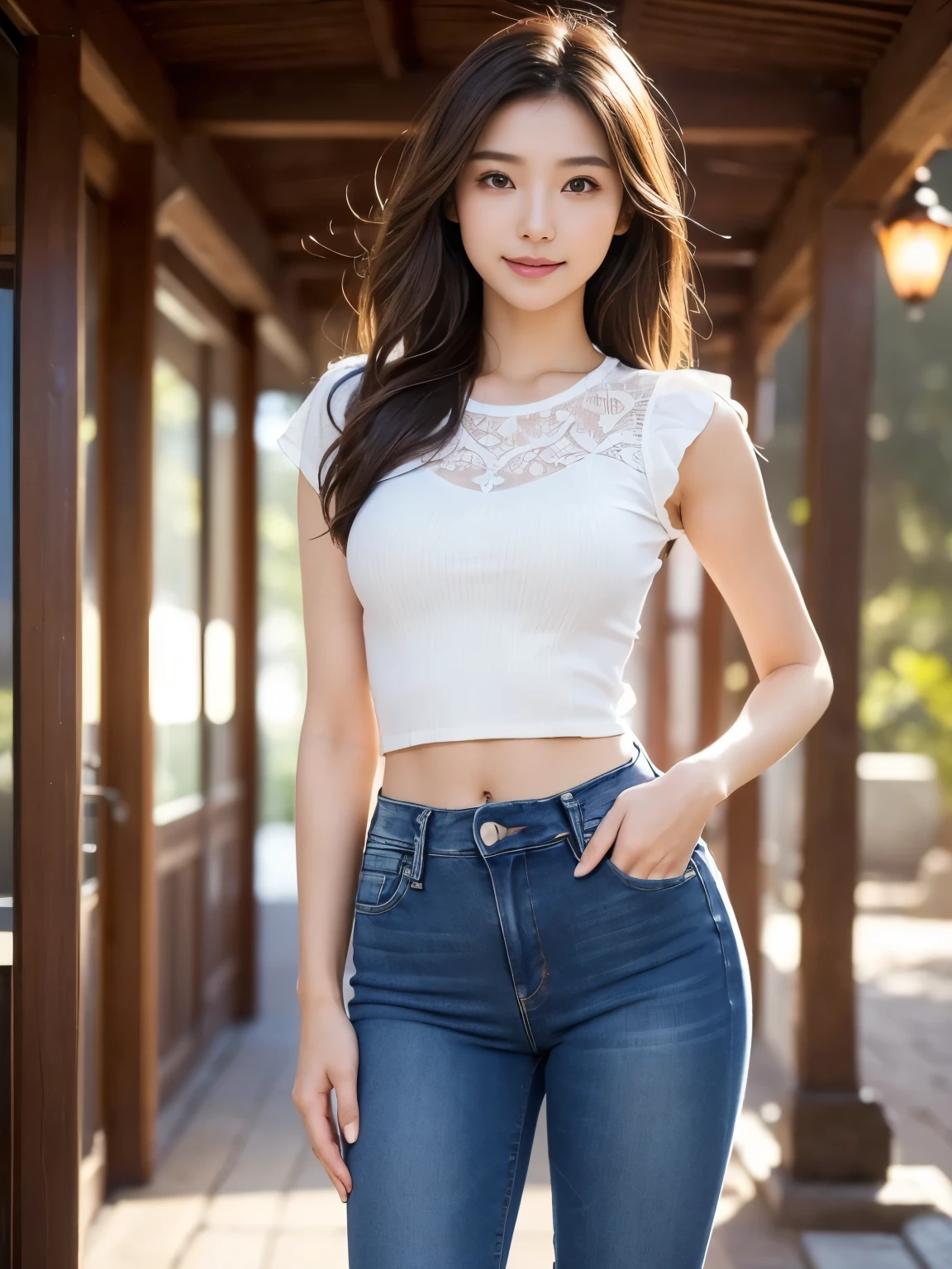 top-quality, masterpiece, 超A high resolution, 8K, Unripe, (photographrealistic:1.4), profetional lighting, low angles, 1 rapariga, (detailedbackground:1.5), nature backdrop, full body Esbian, A slender, dynamicposes, cute little, A smile, tiny chest, Detailed clothing, Crop_Top, blanche, (high waist ripped wide leg jeans:1.3)