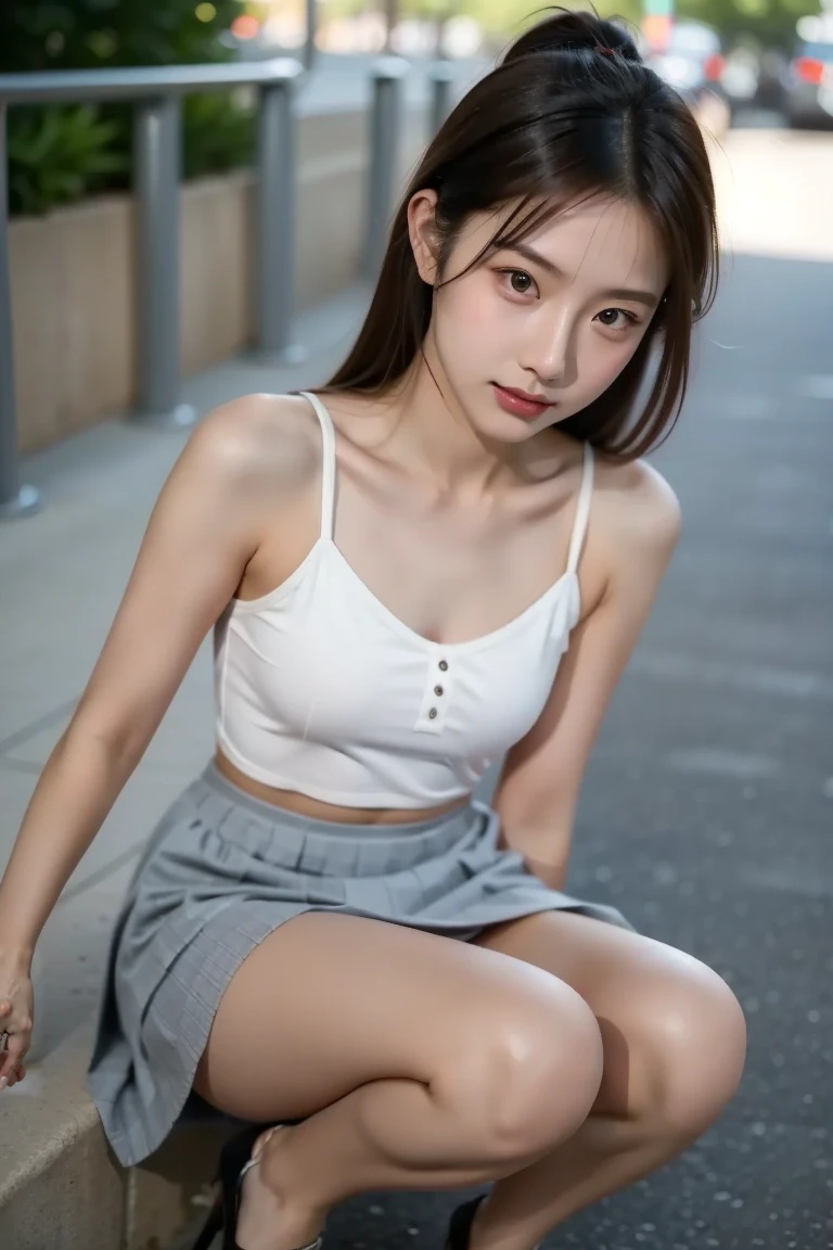 ((Best picture quality, 8K, tmasterpiece:1.3)), 1girll, Casual hairstyle, (off-shoulder blouse,Short pleated skirt:1.3),(wet see through clothes:1.4),Ultra-fine face, A detailed eye, 二重まぶた,(long leges:1.4),(athletic sneakers:1.3)Erlang legs,Sit sideways on a high platform