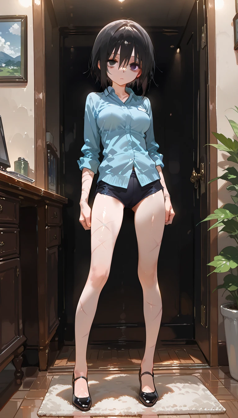(Wearing blue tights)One lady,
180 degrees,Legs wide open,sitting on,Tight(Bunny Girl Costume),Hairstyles Short Hair,Wearing sober black-rimmed glasses,rather thick body shape