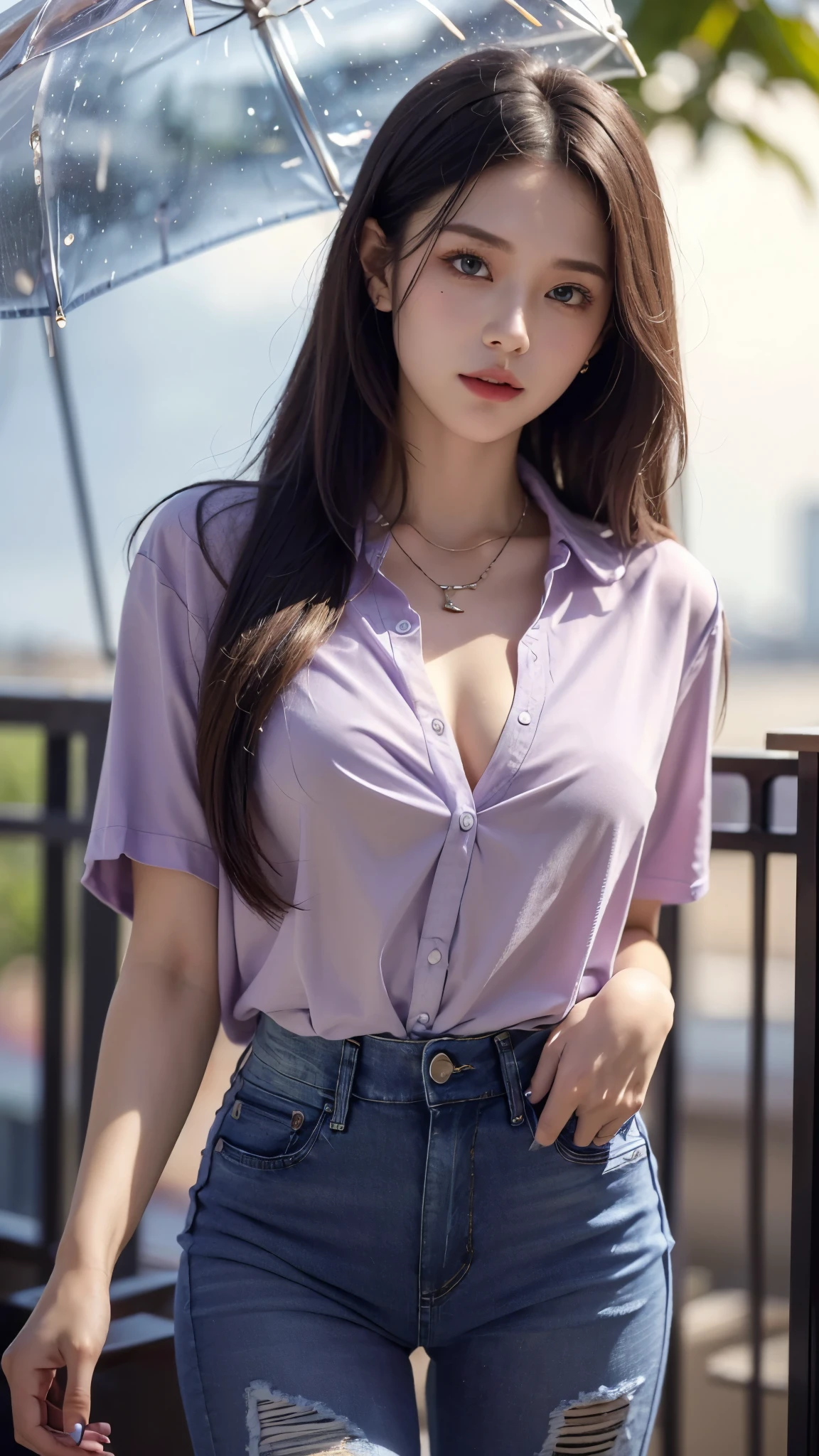 Una mujer con una camisa morada y pantalones blancos posando para una foto, seductoramente mirando al frente, Llevar en camisa, Llevar un lindo top, Camisa abierta, Chica joven y linda, Ropa reveladora, Chica de al lado mirada inocente, Linda sonrisa seductora, con camisa ajustada, buena joven, escote, Camisa ajustada, hermoso bastante joven, linda joven, purple top