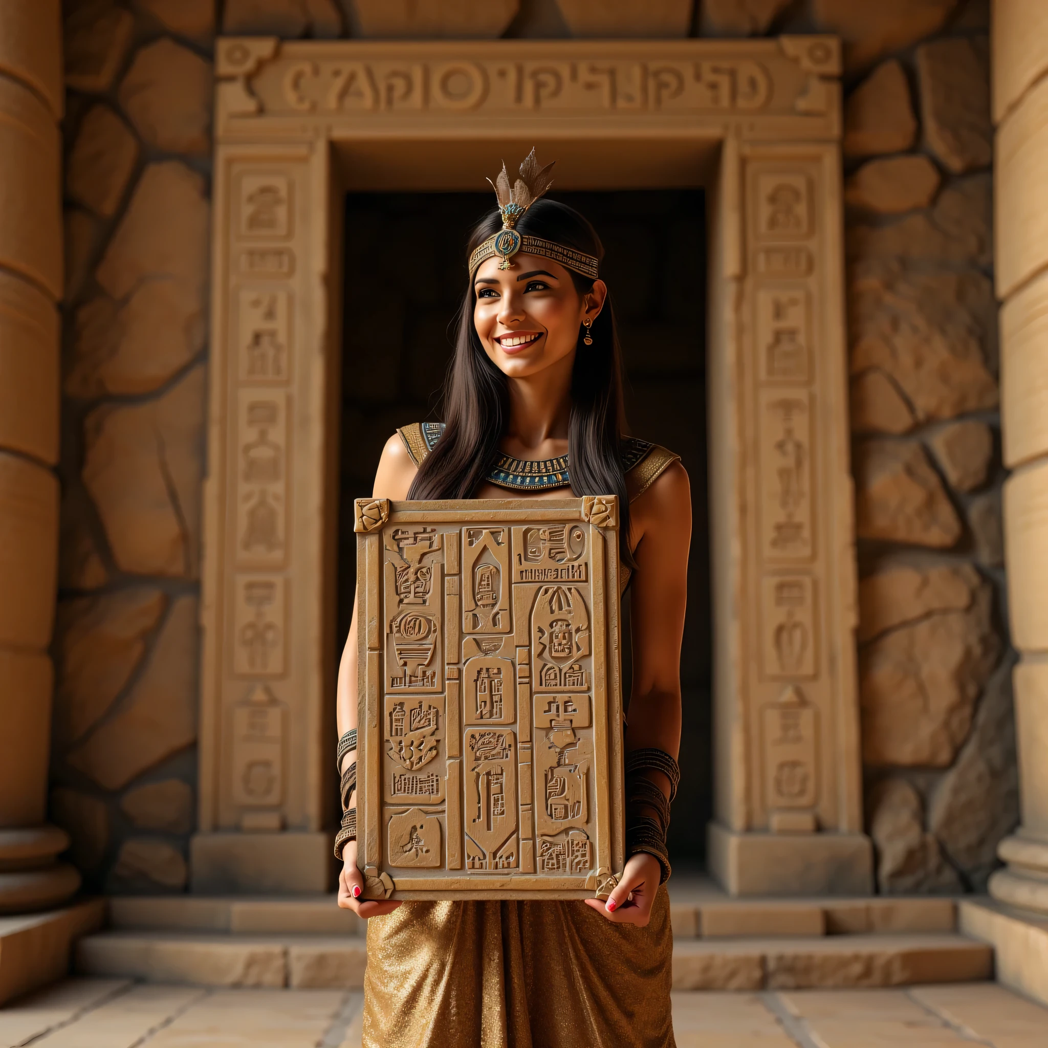A hyper-realistic wide scenery image shot of a prehistoric beautifully fullbody female queen Cleopatra Pharaoh holding lifted a big size hieroglyph carved cliparts on clay tablet, symmetrically balanced in image composition. The beautifully Pharaoh is depicted in a full body angle view, showcasing her lively, lusciously vivacious, and shapely body. She is wearing a realistic cultural Pharaoh long dress. The scene includes a well-rounded prehistoric female Pharaoh holding use a big size of carved cliparts hieroglyph, and smiling. The background features ancient egypt hieroglyph cliparts tomb with central leading lines, creating a sense of depth on ultra-wide angle. The image has UHD ambience, with a zoomed-out perspective, realistic textures, mixed lighting concept, and a wide-angle view. The Pharaoh's hands are accurately detailed with full human finger anatomy, and her hair is shiny and lifelike. The overall style is reminiscent of Far Cry 5 game artwork, with additional details and body fixes applied. The combination of influenced of SandalPunkAi Artwork and BronzePunkAi Artwork.