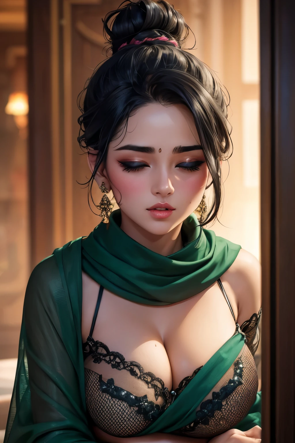 (best quality, 4k, highres, masterpiece:1.2), ultra-detailed, realistic:1.37, portraits, vivid colors, sharp focus, studio lighting, physically-based rendering, extreme detail description, y woman, beautiful detailed eyes, beautiful detailed lips, messy bun, amazing makeup, intense blush, flustered, lus expression, black blouse, sheer dark green saree, hot