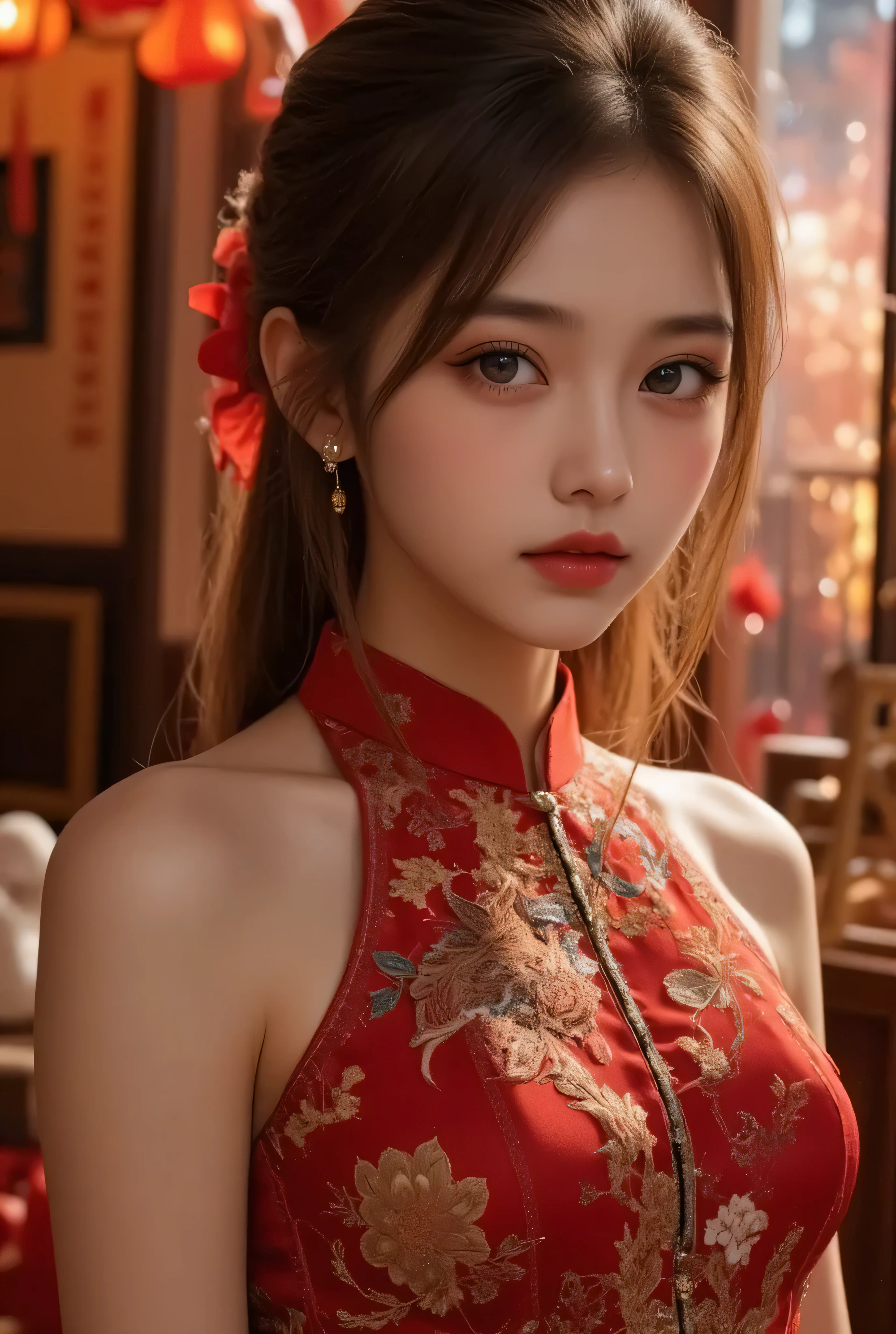 A close-up, head-and-shoulders portrait of a beautiful Korean idol with fine facial features and a ponytail, wearing a red-black-gold short dress with some black-transparent sections, adorned with intricate gold or silver phoenix and floral embroidery. She stands gracefully in a warmly lit room featuring a vintage fireplace and traditional Chinese New Year decorations, including vibrant red lanterns, decorative calligraphy scrolls, a small Chinese orange tree with golden ornaments, and several red envelopes scattered across the floor and hanging from the tree. Adorable, playful cats are part of the scene—some sitting near the tree, others curiously pawing at the red envelopes or lounging around. Through a window or an open door in the background, vibrant Chinese fireworks light up the night sky in an array of reds, golds, and blues, casting a magical glow into the room. The idol’s outfit is complemented by subtle accessories like red hairpins or earrings and a few pretty Chinese hair accessories, along with pink lipstick, enhancing her festive look. The atmosphere is warm and lively, filled with the joyful essence of the celebration, highlighted by dramatic, chiaroscuro lighting, deep contrast, pleasant colors, and intricate, elaborate patterns, creating a super-detailed, realistic 8K cinematic composition.