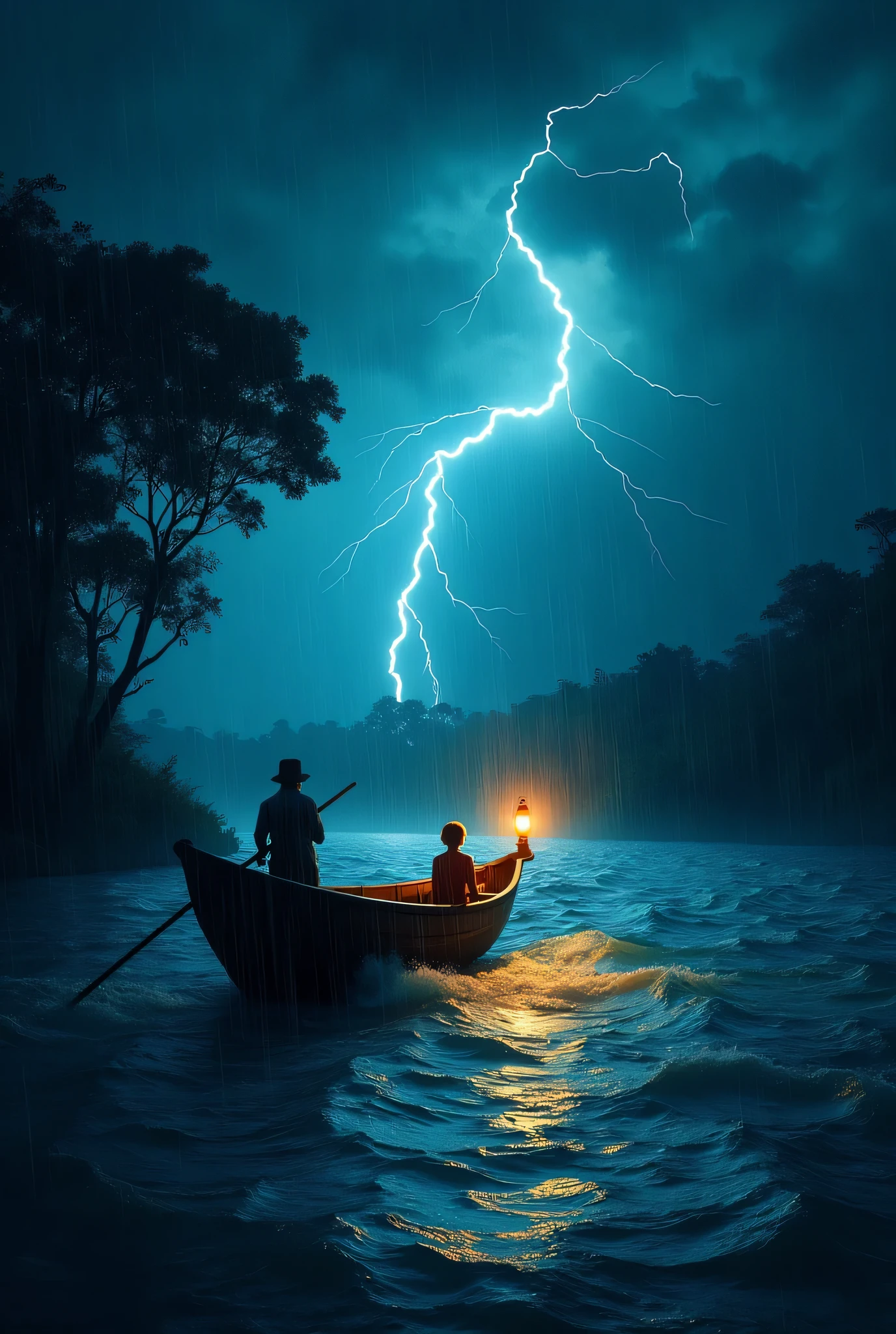 A  in t-shirt and black pajama sitting on a boat in the middle of the river surrounded by clouds raining and lightning is crying sitting on his father's lap and his mother wearing