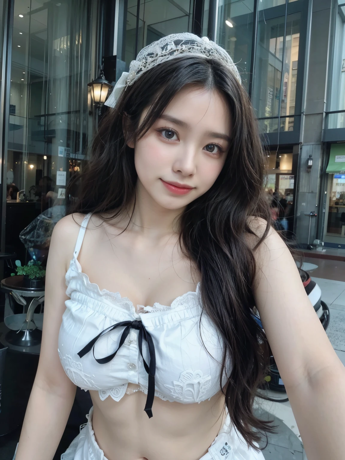 Kim Jennie with white brown hair, con rulos en las puntas, with two bows on each side of the hair, all her hair white brown, with a star clip in her white brown hair, ojos de color claro, ojos bonitos, ojos llorosos, nariz bonita y respingada, nariz lloroso, labios bonitos, labios rosas, heart and cupid shaped lip, piel bonita, pale, piel blanca, con lunares y pecas en todo el rostro, rubor rosa suave en las mejilla, rubor rosa natural, maquillaje suave y rosa, jennie, cuello bonito, cuello marcado, frown, mirada tierna, con un collar de beso, un collar bonito de beso, parecido a Yumeko Jabami, mientras lleva puesto un Crochet YK2, de lana, with a YK2 style brown mini skirt, mientras lleva una casaca con estampados de ositos, mientras tiene el abdomen desnudo, delgado, marcado y bonito, (pechos grandes, pechos suaves, pechos bonitos), mientras esta haciendo cospaly del personaje Yumeko Jabami, del anime Kakegurui, mirando a la camara, autofoto, selfie bonita