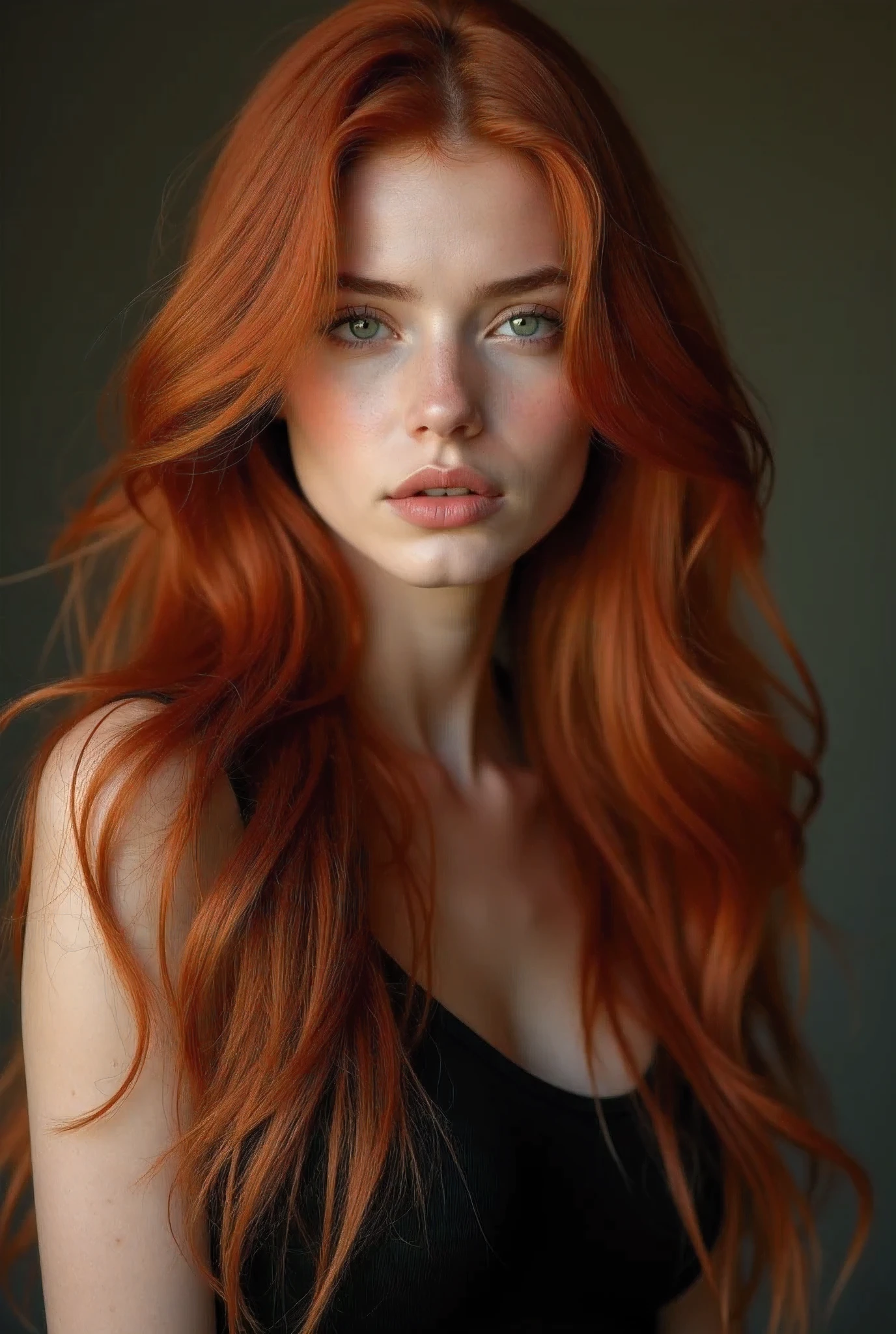a close up of a woman with red hair and a suit, red hair and attractive features, samara weaving, samara weaving vampire, fiery red hair, copper hair, strong red hue, red dyed hair, she has long redorange hair, sadie sink, she has red hair, barbara palvin, red haired goddess, ellie bamber, red crimson hair