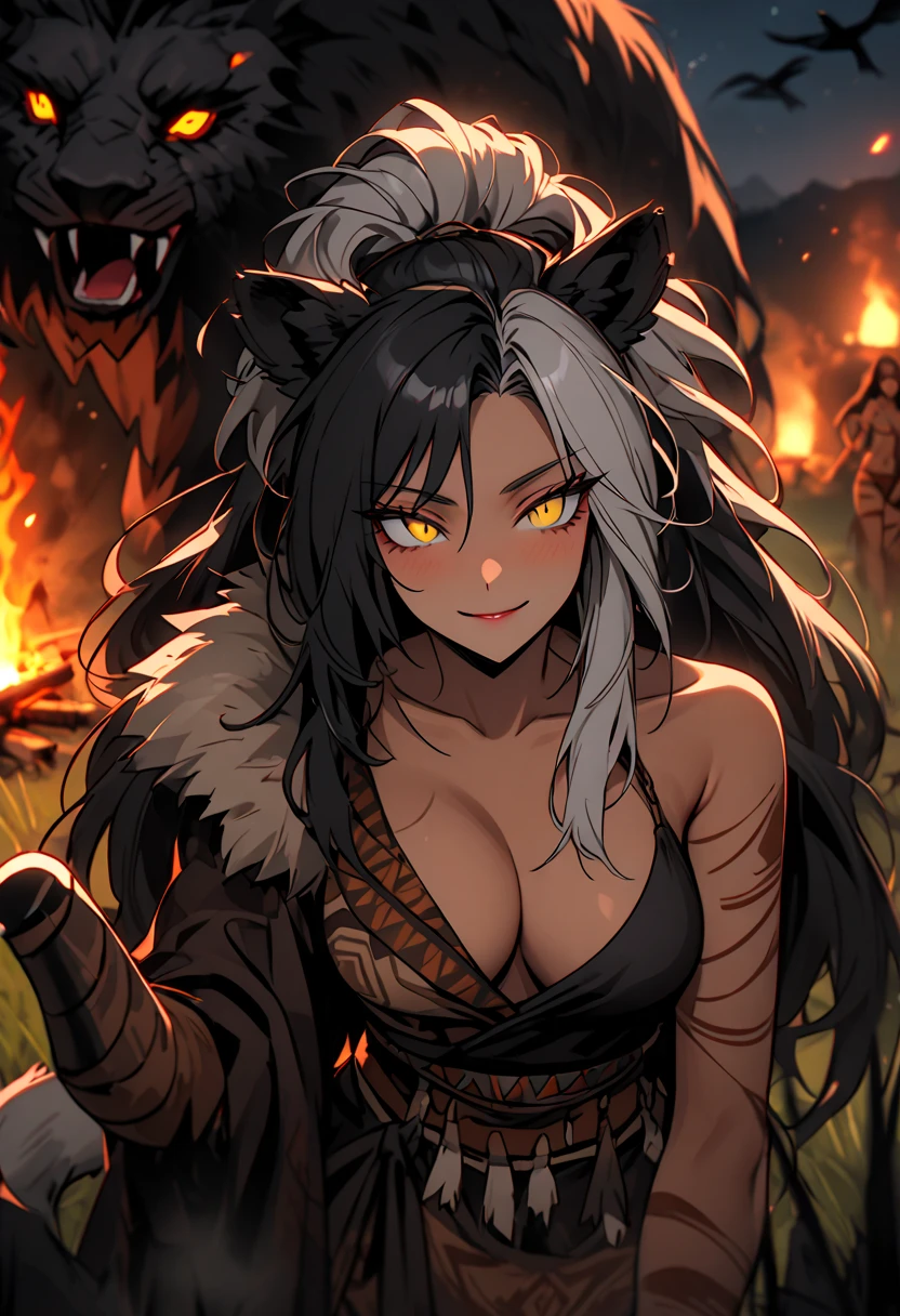 Gnoll woman, woman, red eyes, black fur, spike collar, Gnoll woman, big , big tighs, 4k, hd, pretty face, messy hair, menacing, acurrate eyes, sharp pupils, scary look, sword, (human head), (Mohican), (tribal clothing), exposed belly, (black hair), (hyena ears), long hair, tribal tattoo