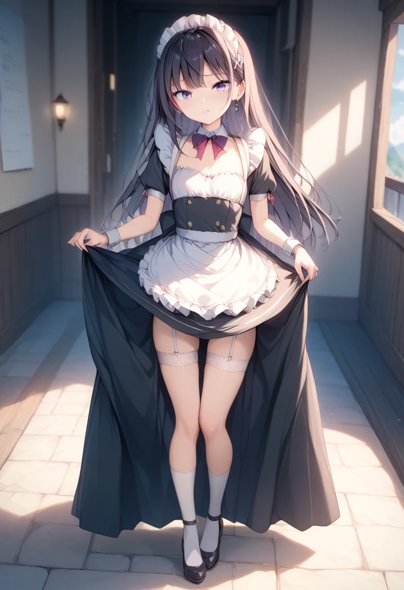(highly detailed),(ultra-detailed),(best quality),(masterpiece),(fantasy style),twintails,gothic_lolita,thighhighs,black ribbon,((((mesugaki)))),ojousama,seductive smile,smug,(small breasts),leg_garter,(from below)